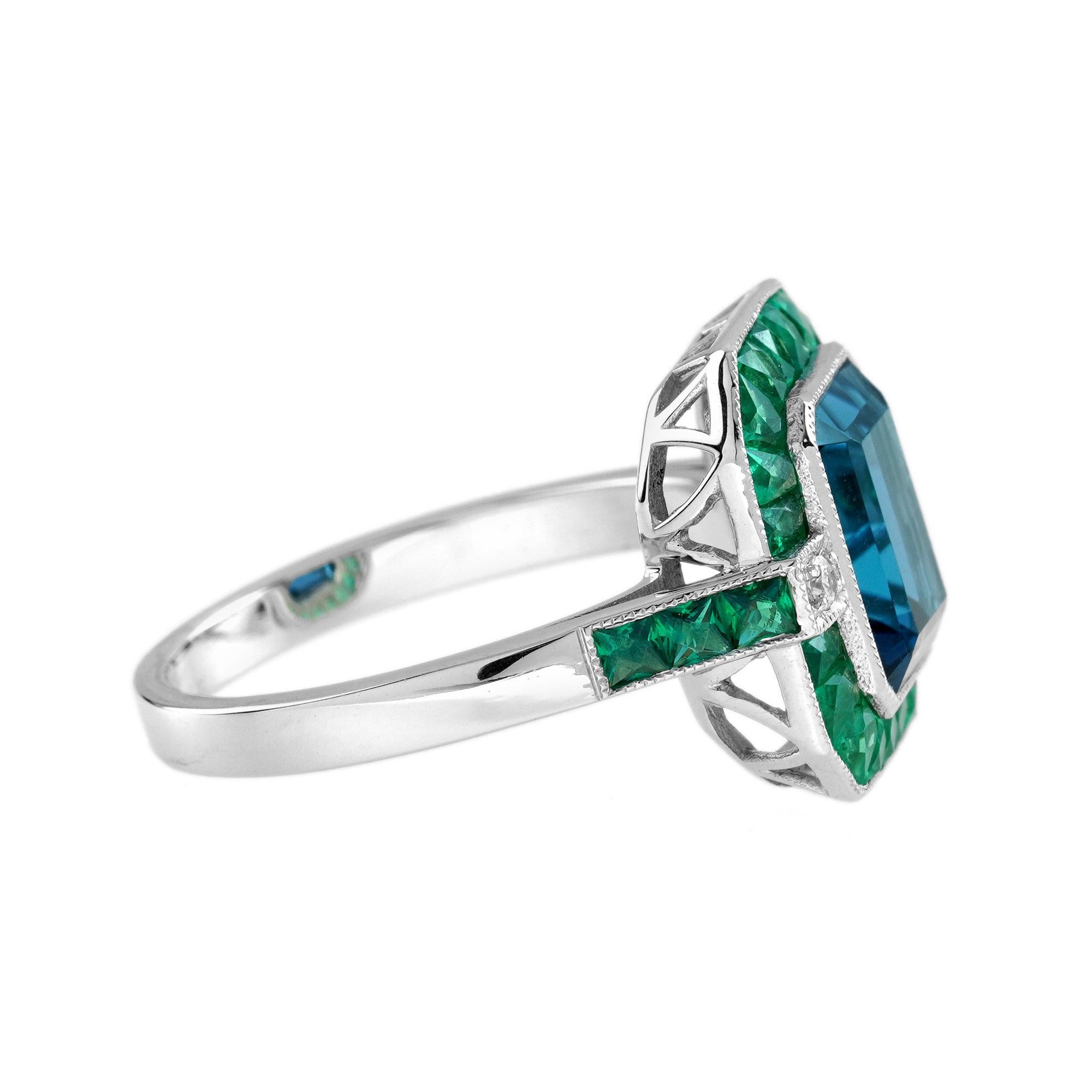Londoner Blautopas Smaragd Diamant Art Deco Stil Celebration Ring 14K Weißgold (Art déco) im Angebot
