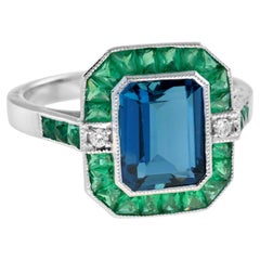 Londoner Blautopas Smaragd Diamant Art Deco Stil Celebration Ring 14K Weißgold