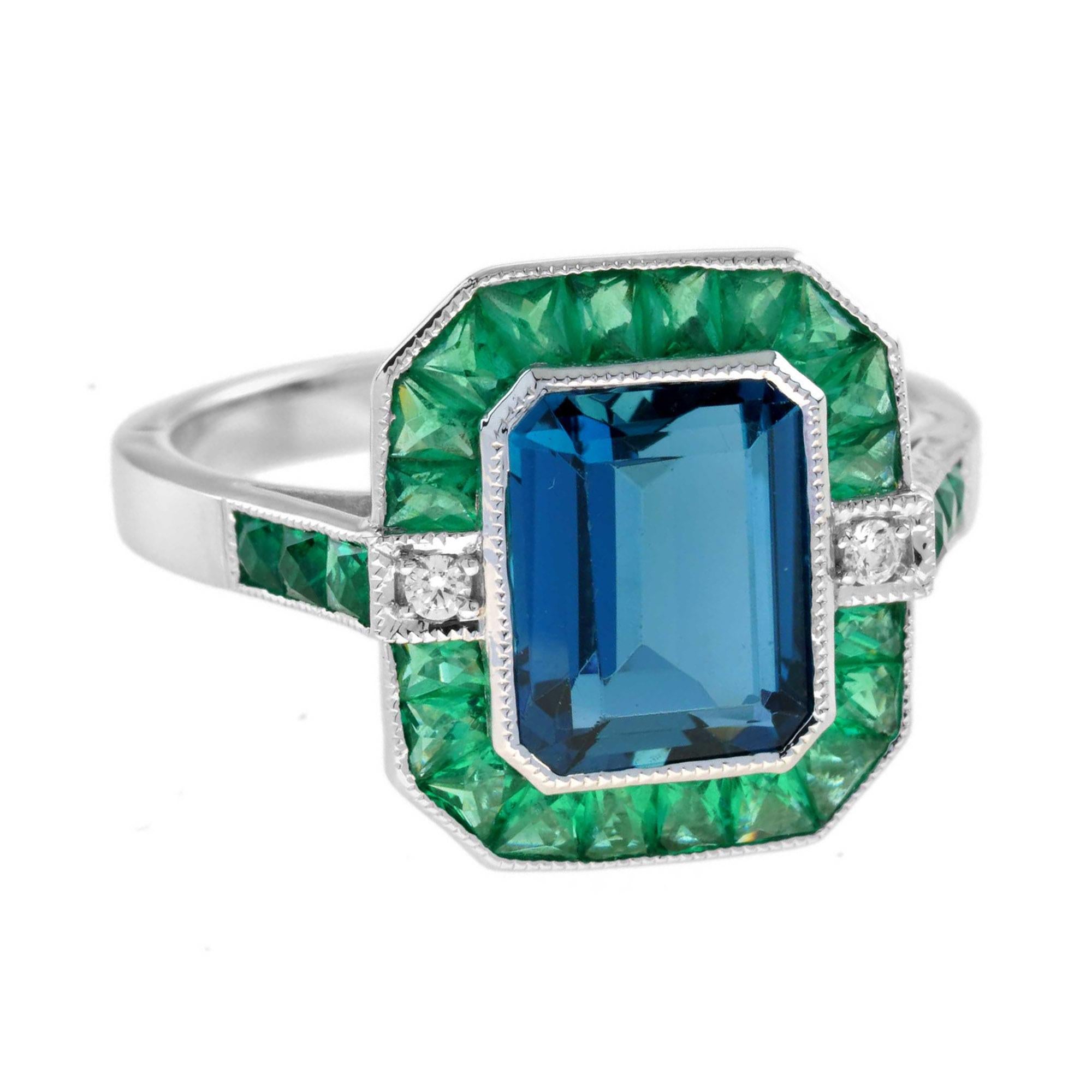 For Sale:  London Blue Topaz Emerald Diamond Art Deco Style Celebrate Ring in 14K Gold 3