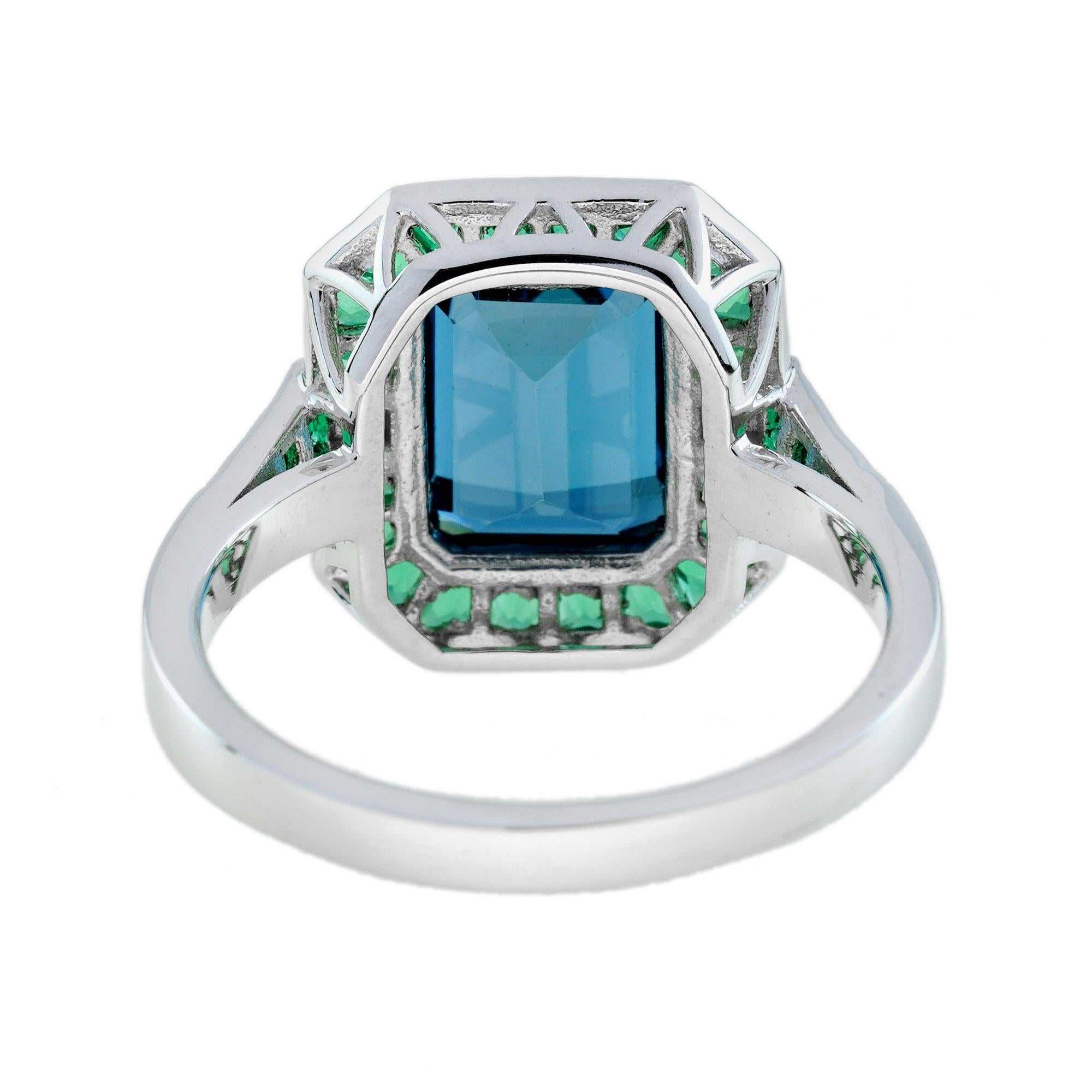 For Sale:  London Blue Topaz Emerald Diamond Art Deco Style Celebrate Ring in 14K Gold 5
