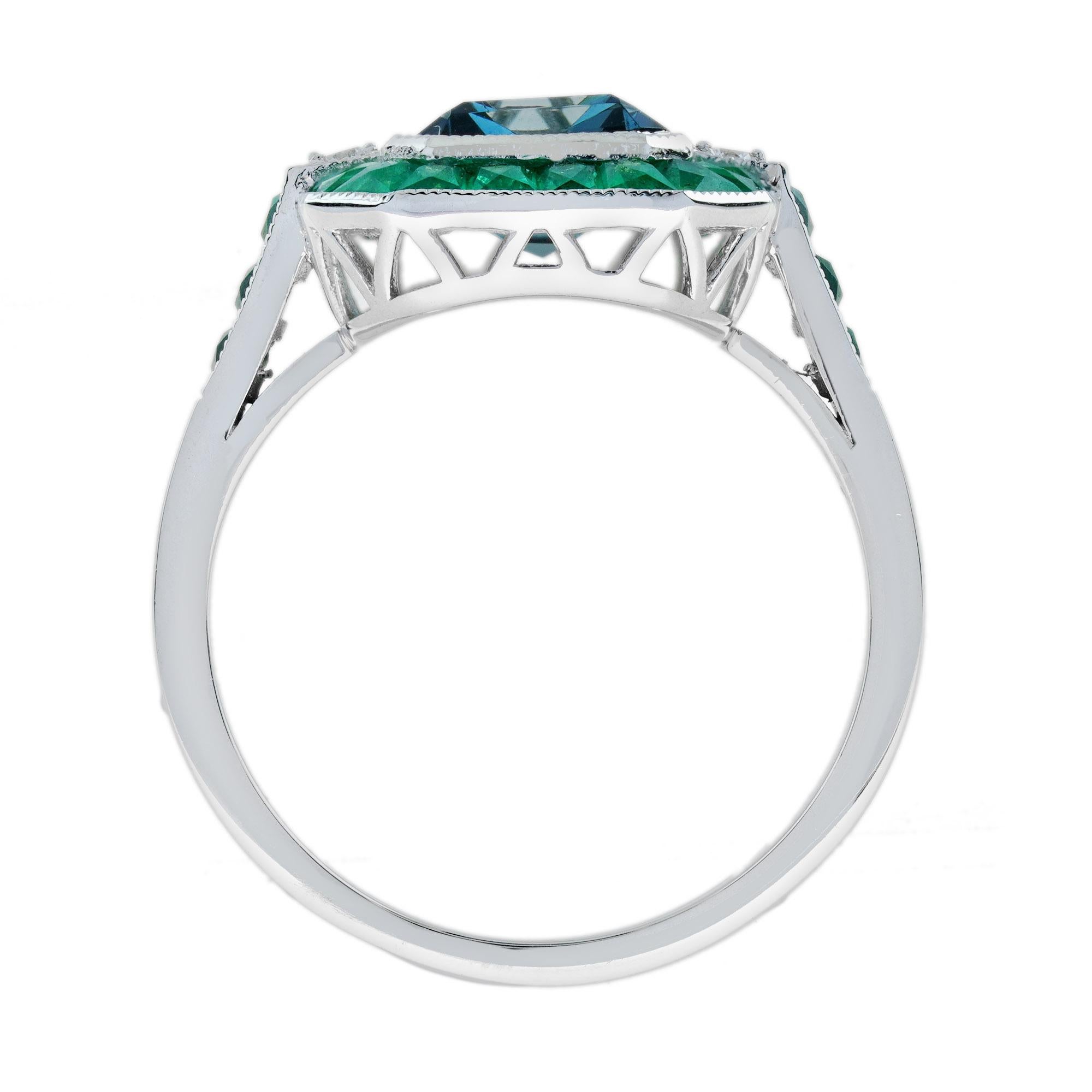For Sale:  London Blue Topaz Emerald Diamond Art Deco Style Celebrate Ring in 14K Gold 6
