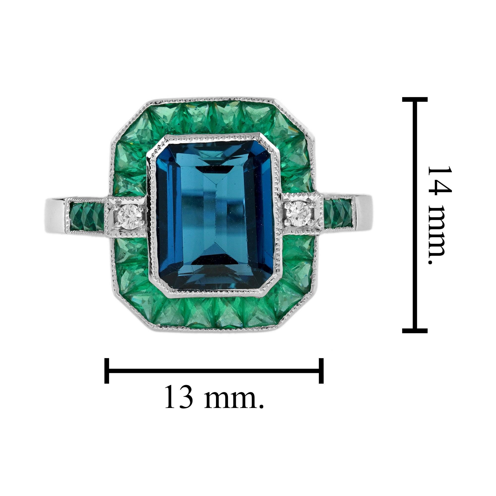For Sale:  London Blue Topaz Emerald Diamond Art Deco Style Celebrate Ring in 14K Gold 7