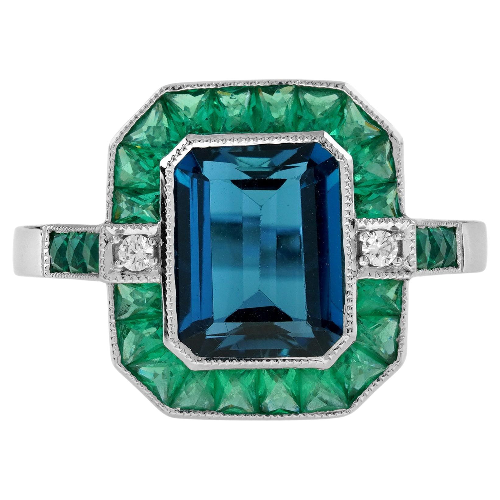 For Sale:  London Blue Topaz Emerald Diamond Art Deco Style Celebrate Ring in 14K Gold