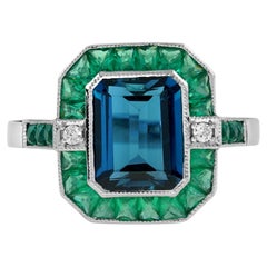 London Blue Topaz Emerald Diamond Art Deco Style Celebrity Ring en or 14K