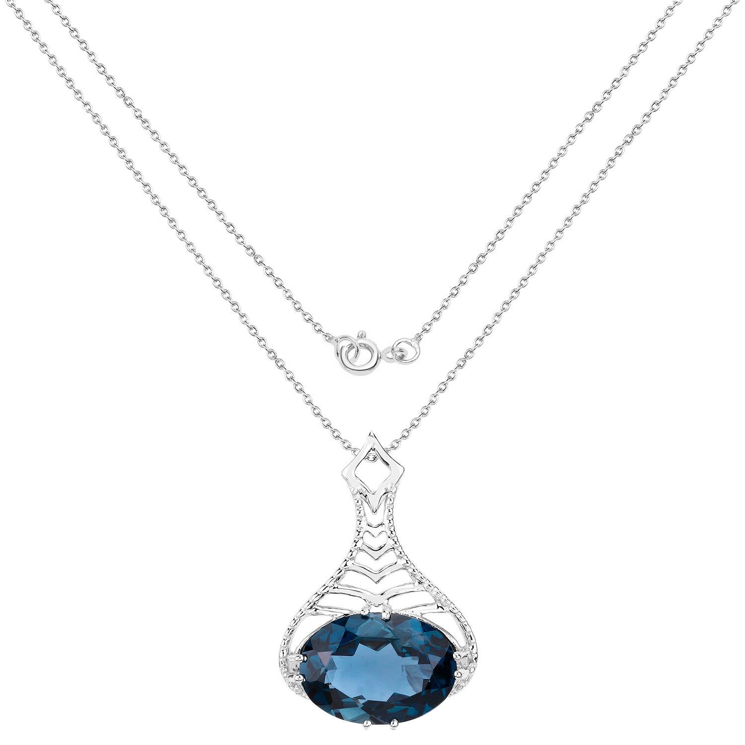 Contemporary London Blue Topaz Filigree Pendant Necklace 6.62 Carats Sterling Silver For Sale