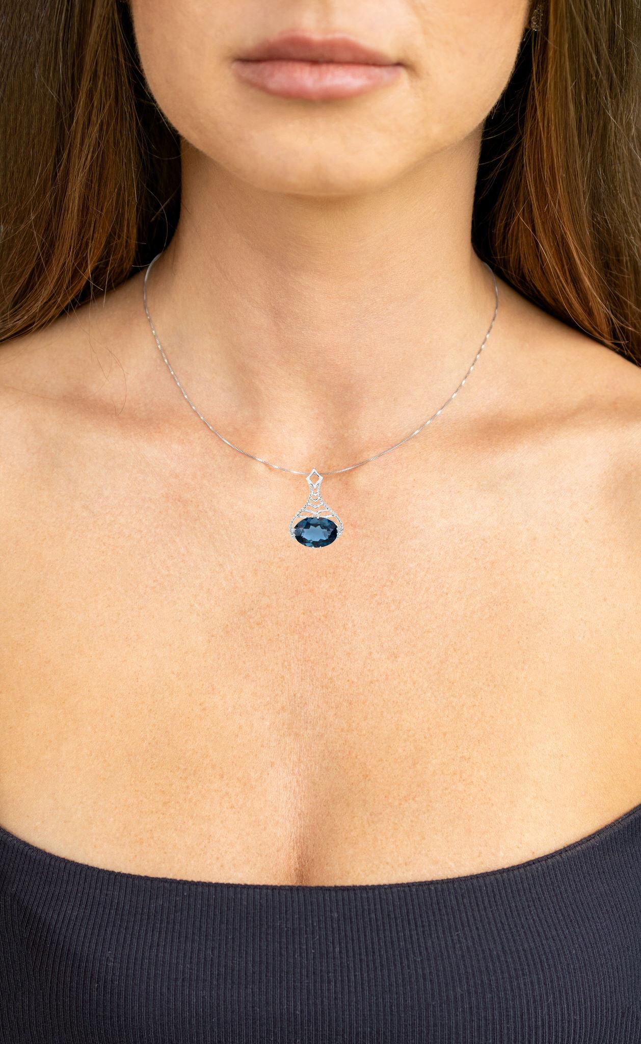 Oval Cut London Blue Topaz Filigree Pendant Necklace 6.62 Carats Sterling Silver For Sale