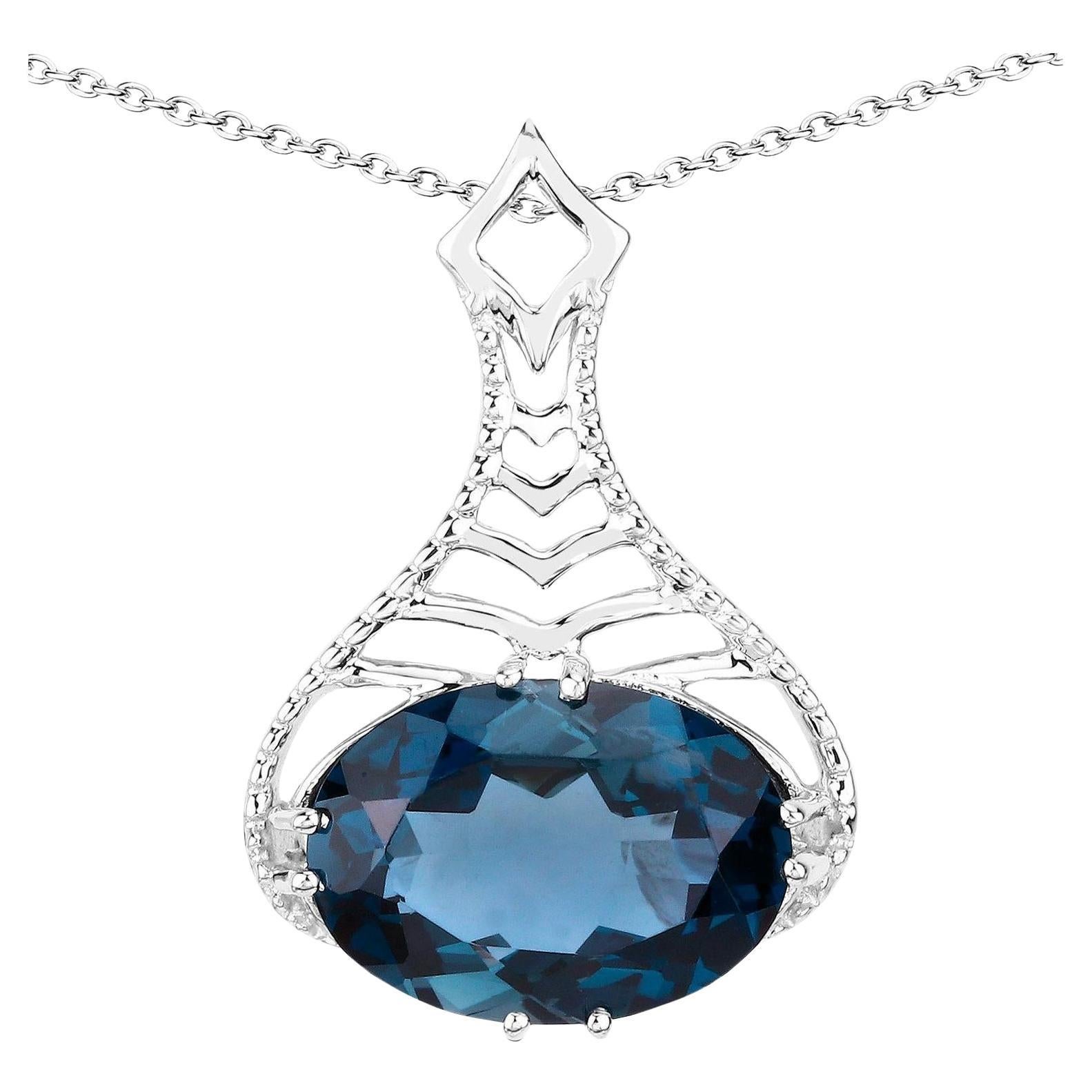 London Blue Topaz Filigree Pendant Necklace 6.62 Carats Sterling Silver For Sale