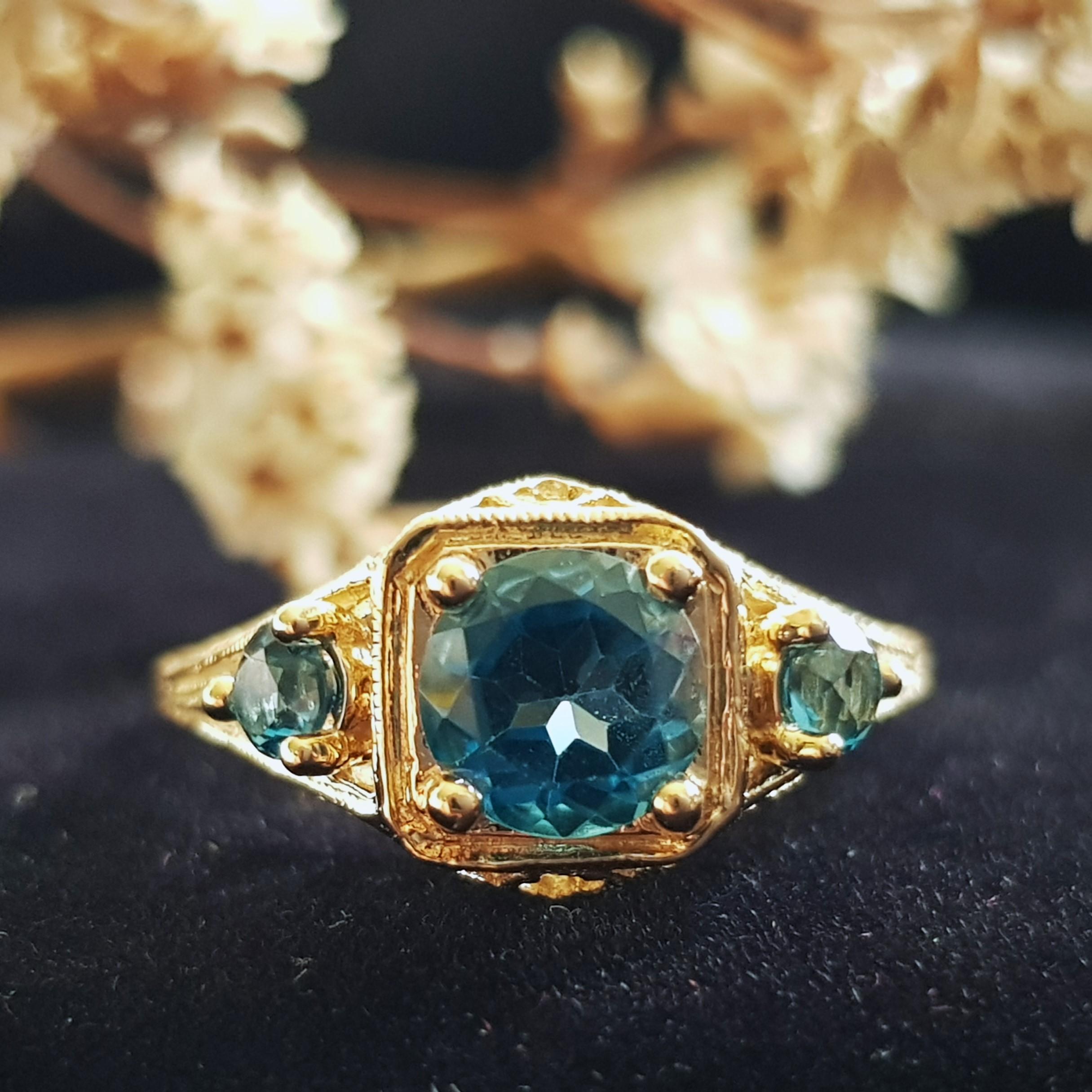 An Art Deco style filigree three stone ring with 6.0 mm. London blue topaz in the center and two 3.0 mm. and London blue topaz each side. Filigree rings are timeless in style and can be enjoyed, cherished and handed down as precious family