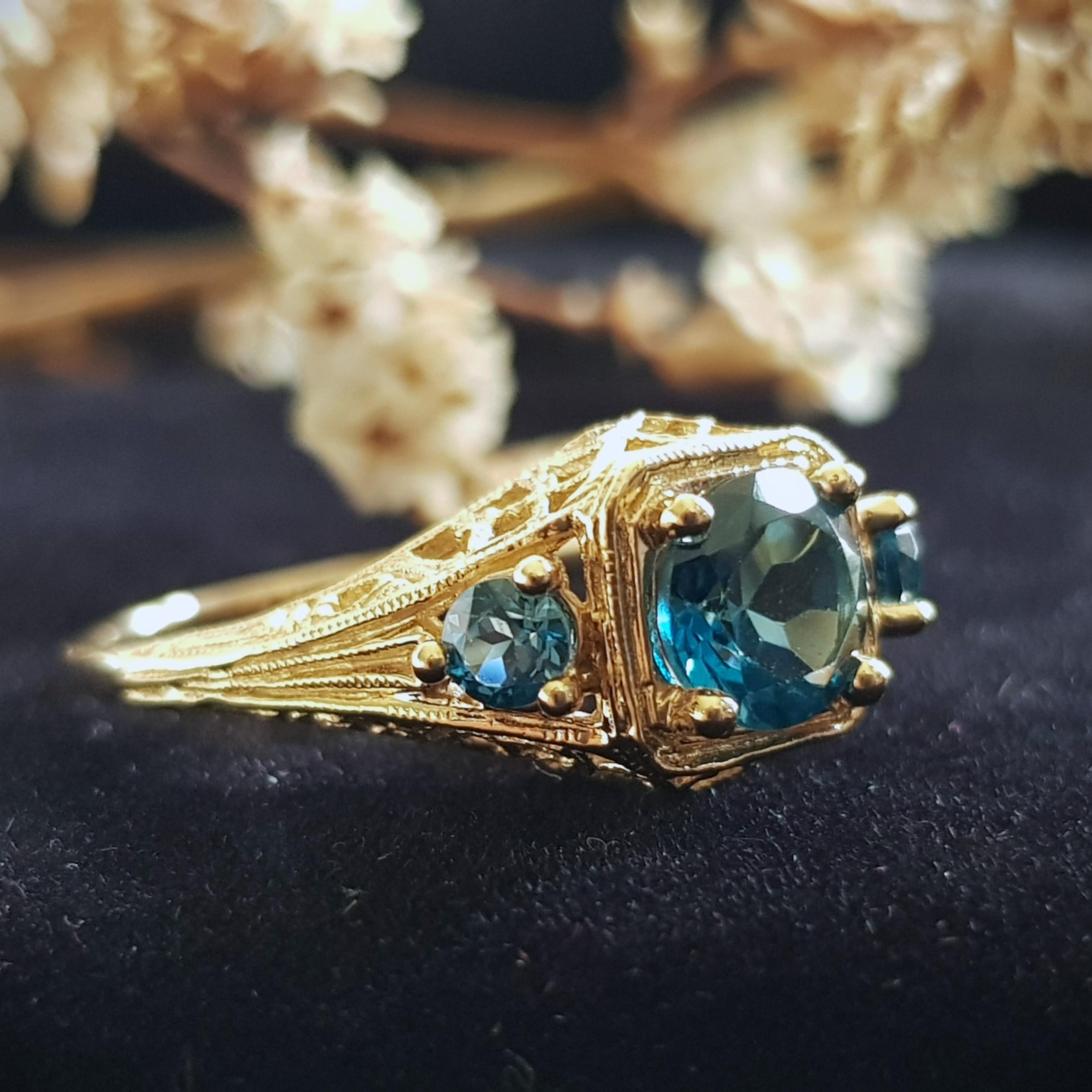 Art Deco London Blue Topaz Filigree Three Stone Ring in Solid 14K Yellow Gold