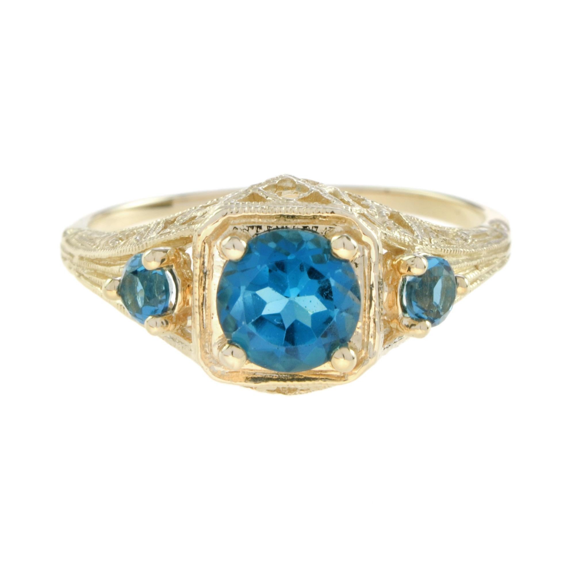 London Blue Topaz Filigree Three Stone Ring in Solid 14K Yellow Gold In New Condition In Bangkok, TH