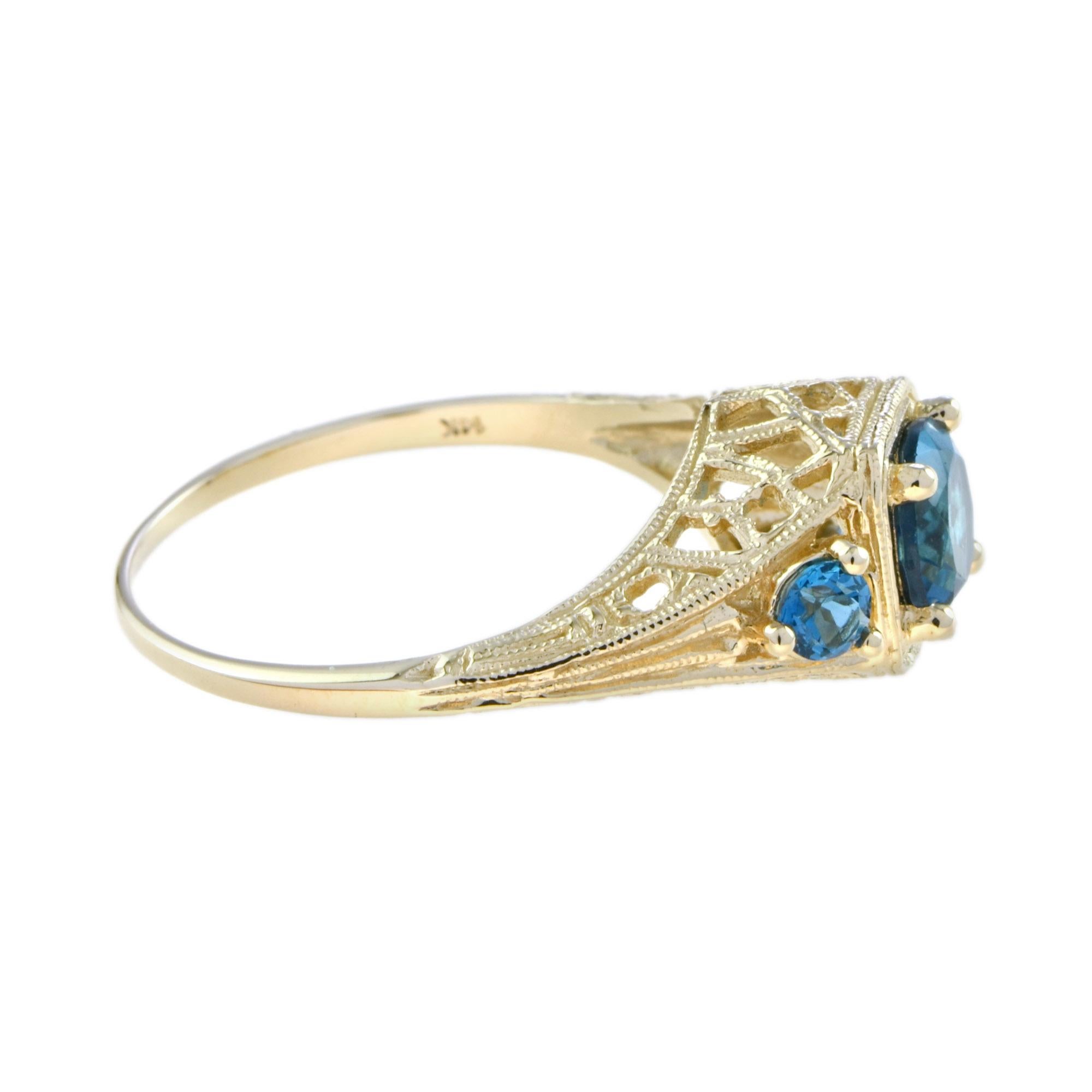 Women's London Blue Topaz Filigree Three Stone Ring in Solid 14K Yellow Gold