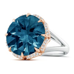 Anello da cocktail con motivo floreale e topazio blu di Londra in oro bianco e rosa 14K