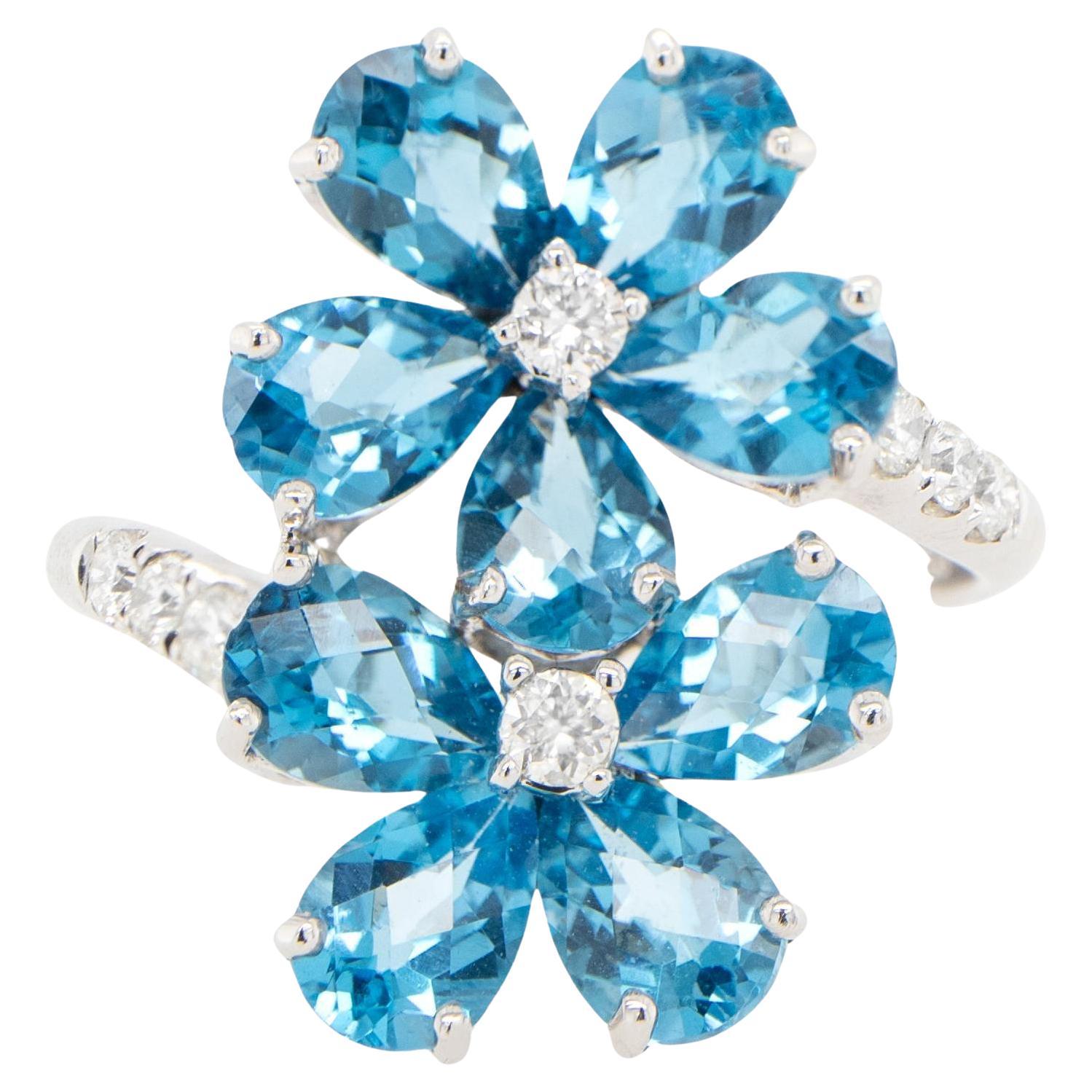 London Blue Topaz Flower Ring Diamonds 3.95 Carats 18K Gold For Sale