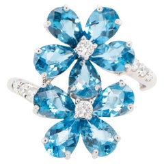 London Blue Topaz Flower Ring Diamonds 3.95 Carats 18K Gold