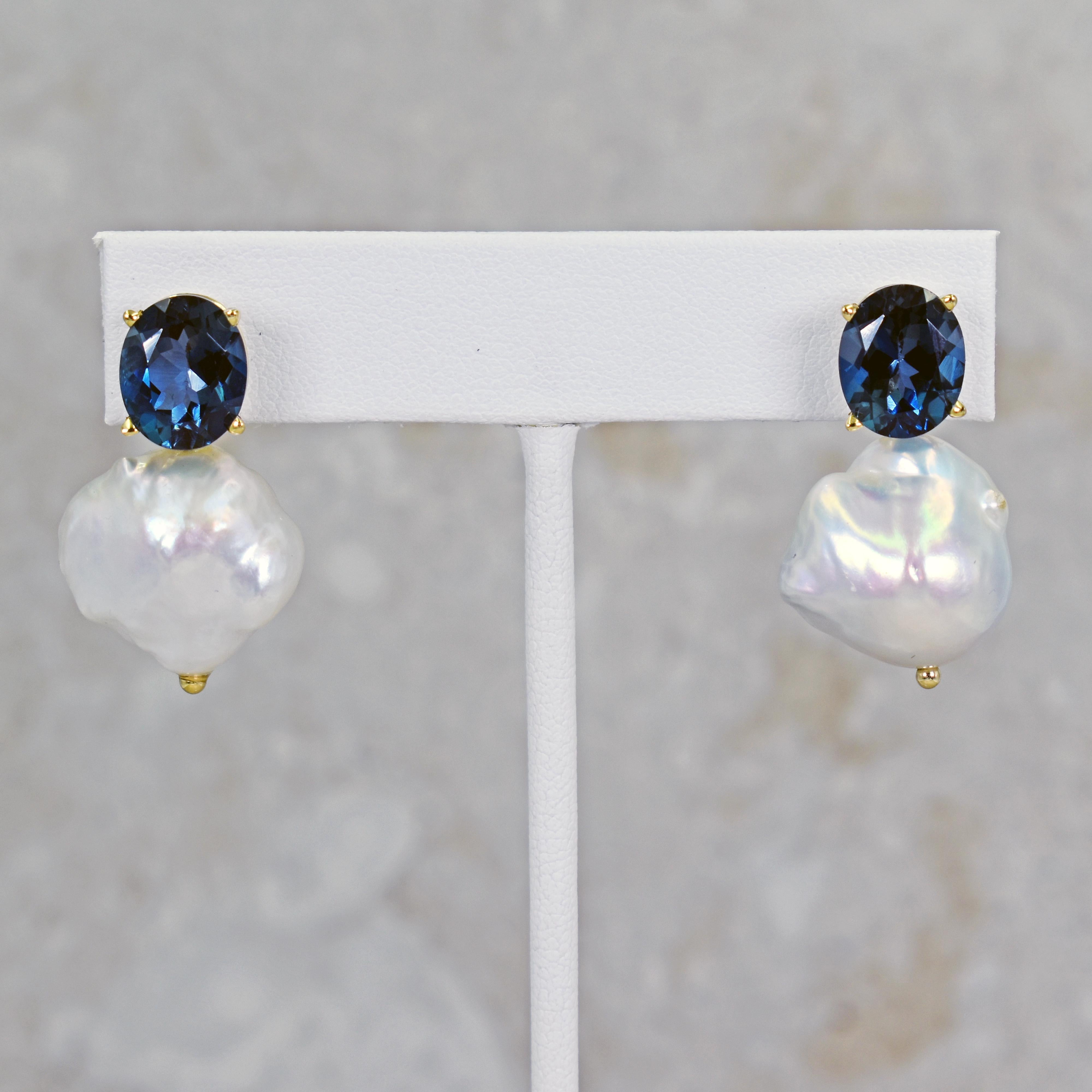 Contemporary 9.20 Carat London Blue Topaz Freshwater Baroque Pearl Drop Stud Earrings
