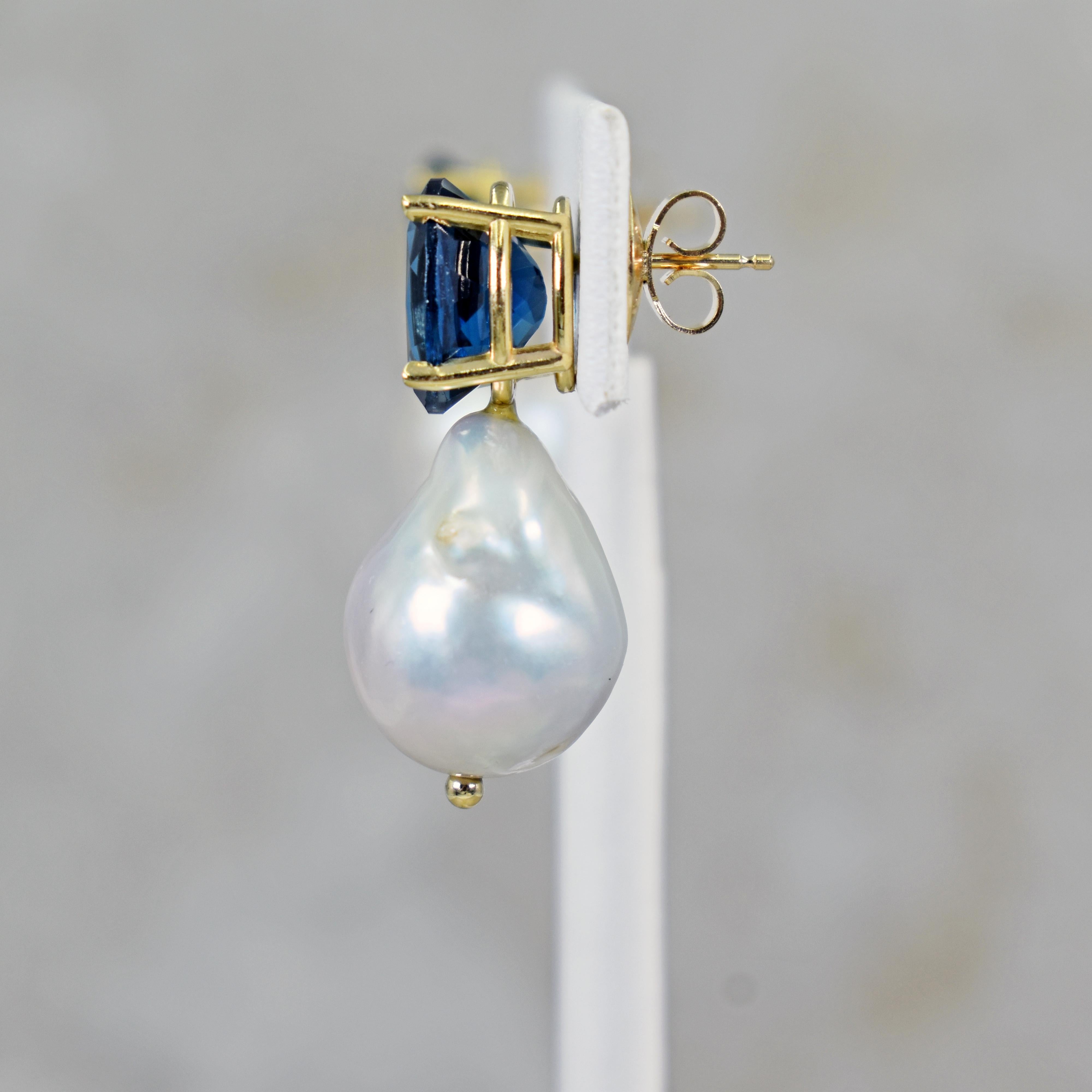 Oval Cut 9.20 Carat London Blue Topaz Freshwater Baroque Pearl Drop Stud Earrings
