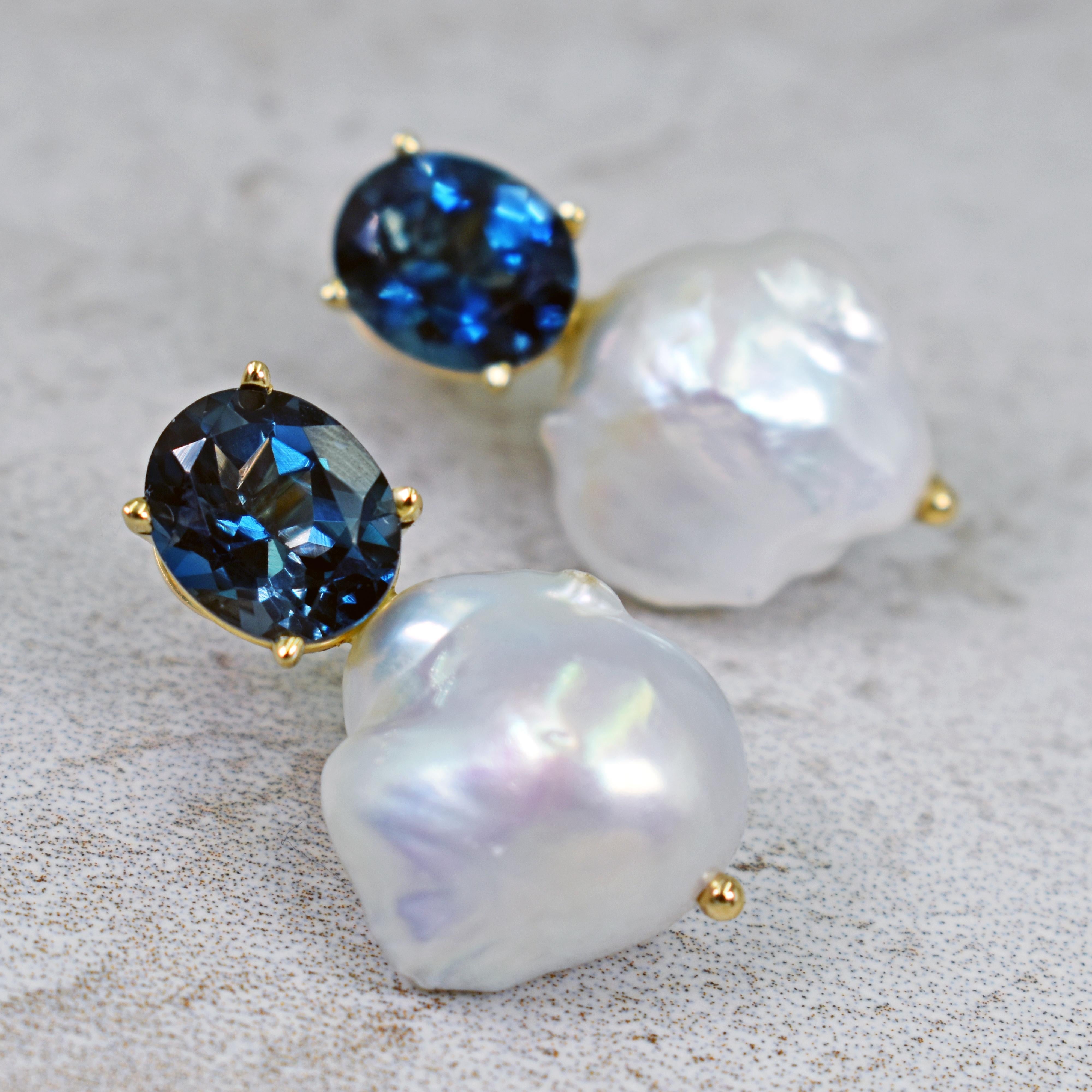Women's 9.20 Carat London Blue Topaz Freshwater Baroque Pearl Drop Stud Earrings