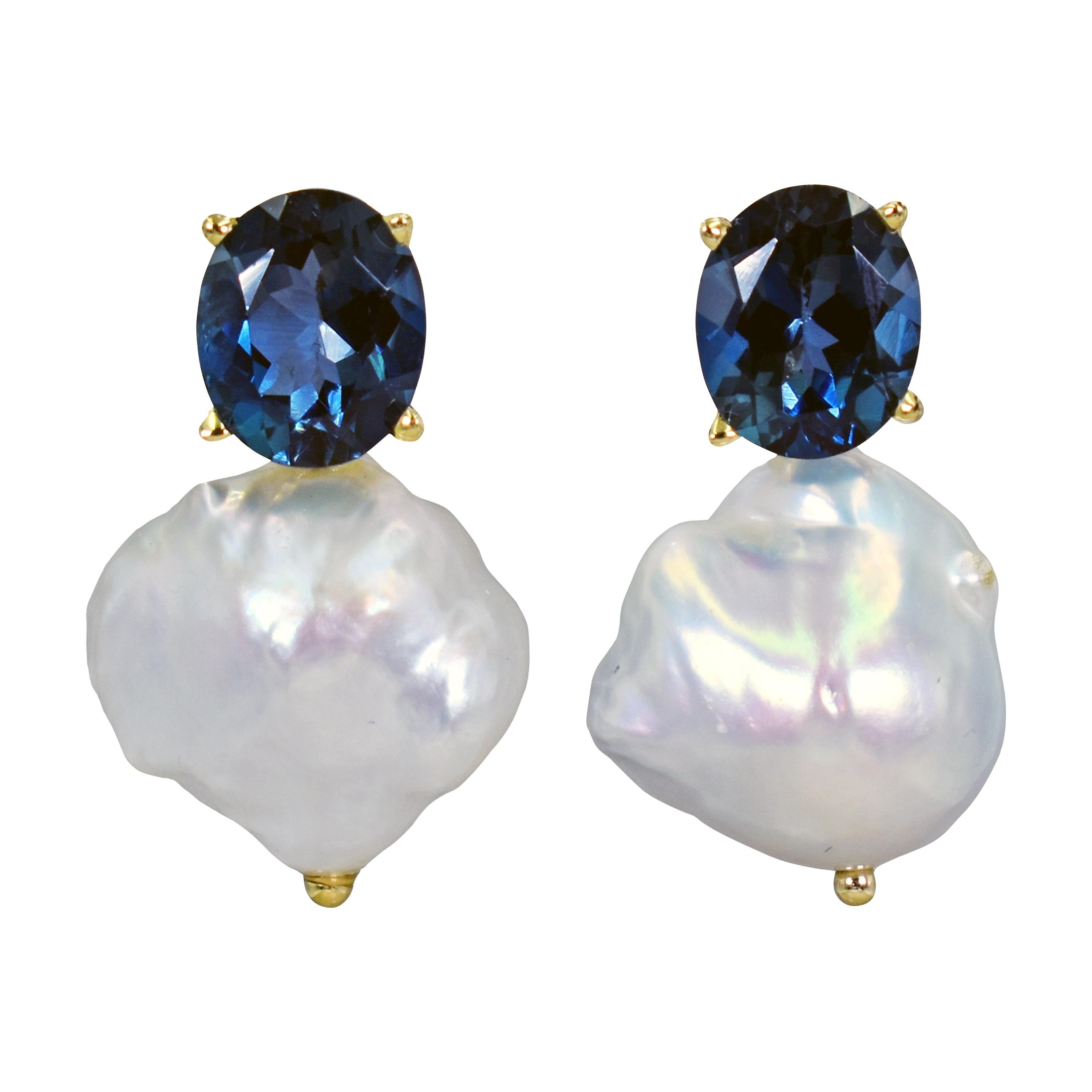 9.20 Carat London Blue Topaz Freshwater Baroque Pearl Drop Stud Earrings