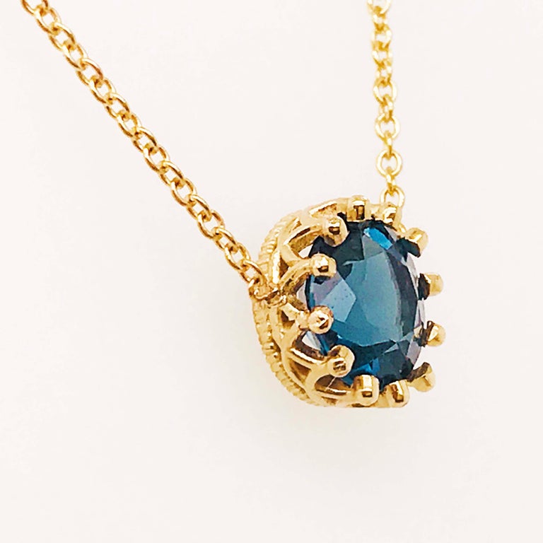 London Blue Topaz Gemstone Crown Pendant Necklace 14 Karat Gold Custom 