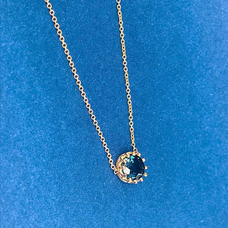 London Blue Topaz Gemstone Crown Pendant Necklace 14 Karat Gold 1.10