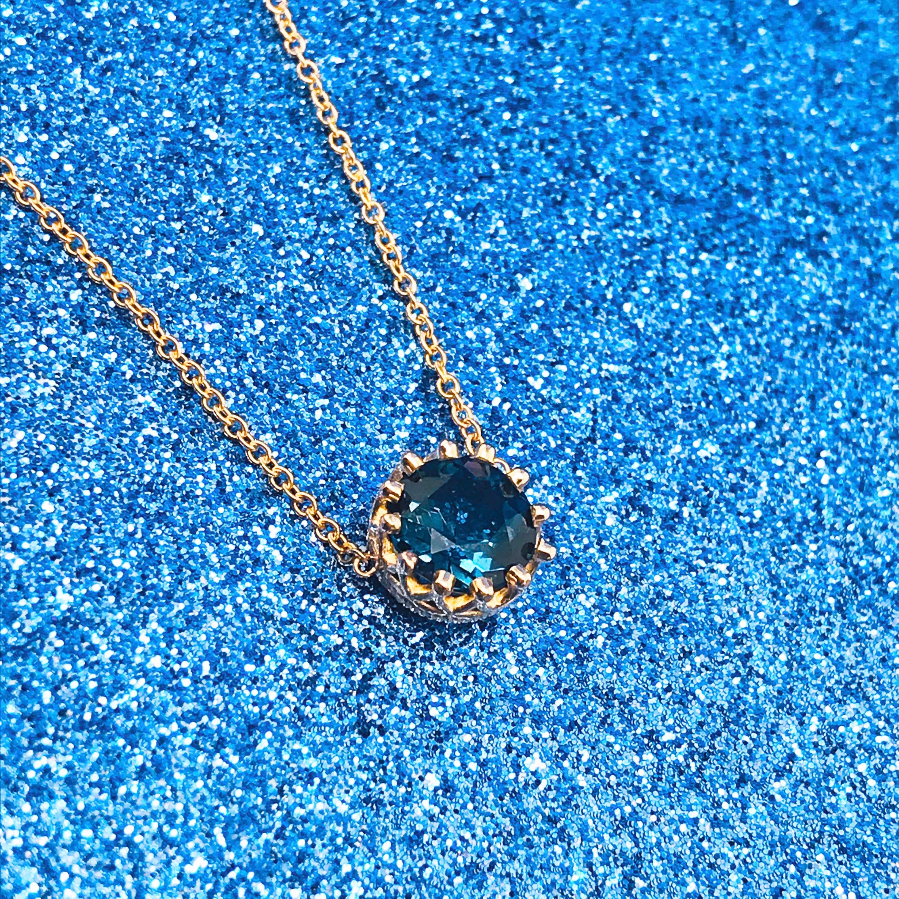Women's London Blue Topaz Gemstone Crown Pendant Necklace 14 Karat Gold 1.10 Carats R