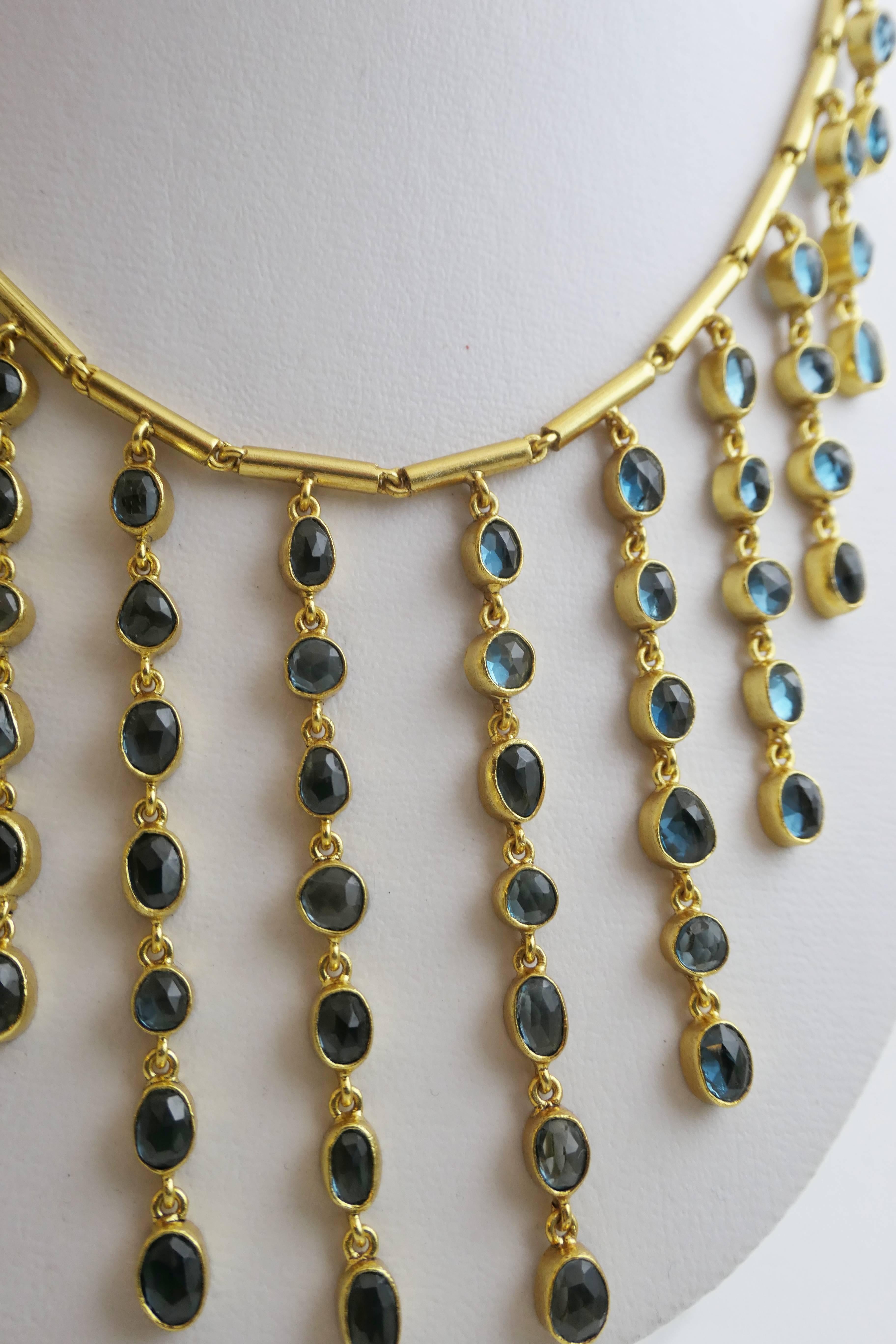 This London blue topaz necklace is 17 inches long with an additional 1.8 inch of extension chain . The faceted london blue topaz are approximately 4x5mm +/- are of varying shapes. The longest part of the necklace is approximately 3.2 inches - the