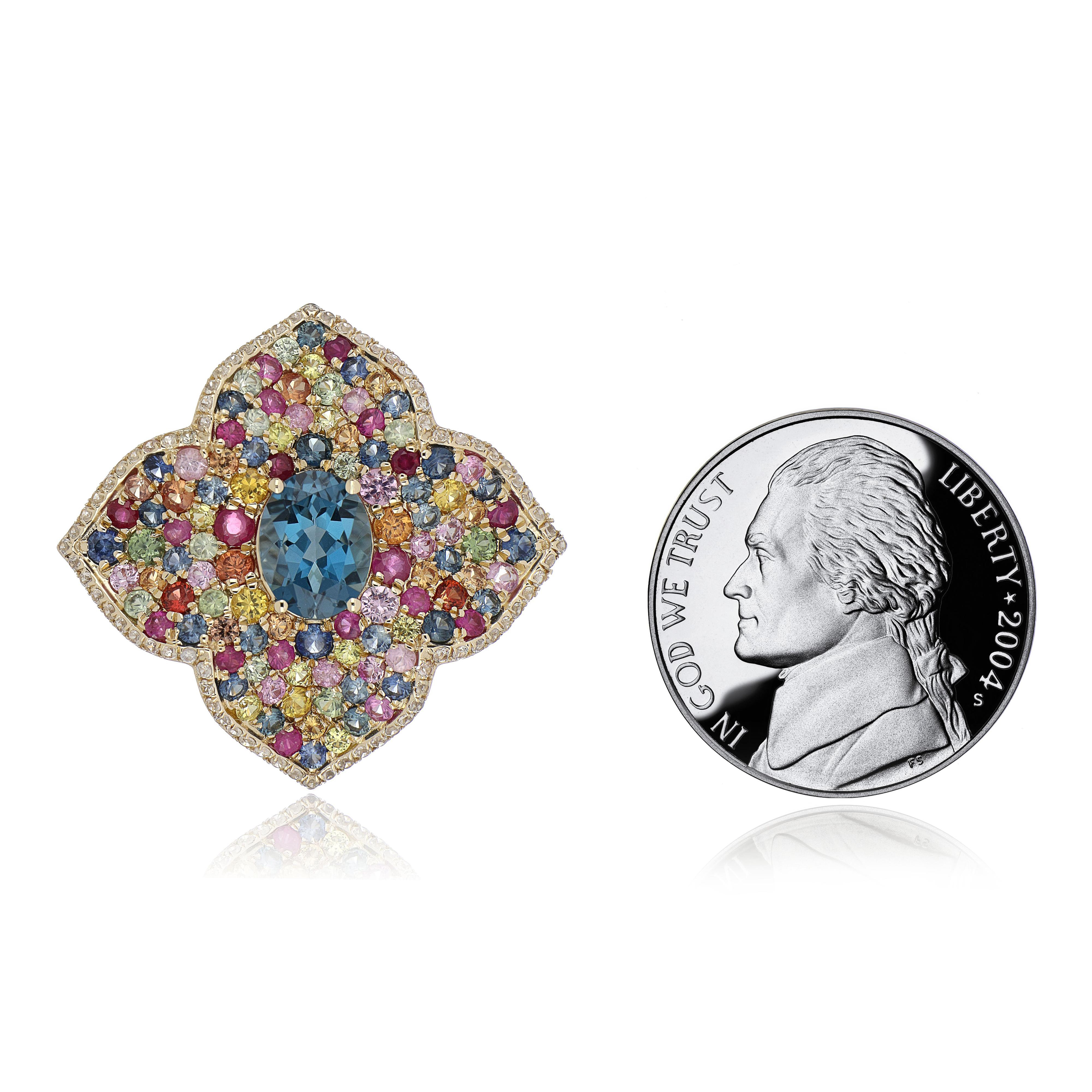 Anello con perno, ciondolo e orecchini in oro 10 carati, Topazio blu di Londra e Zaffiri multipli in vendita 5
