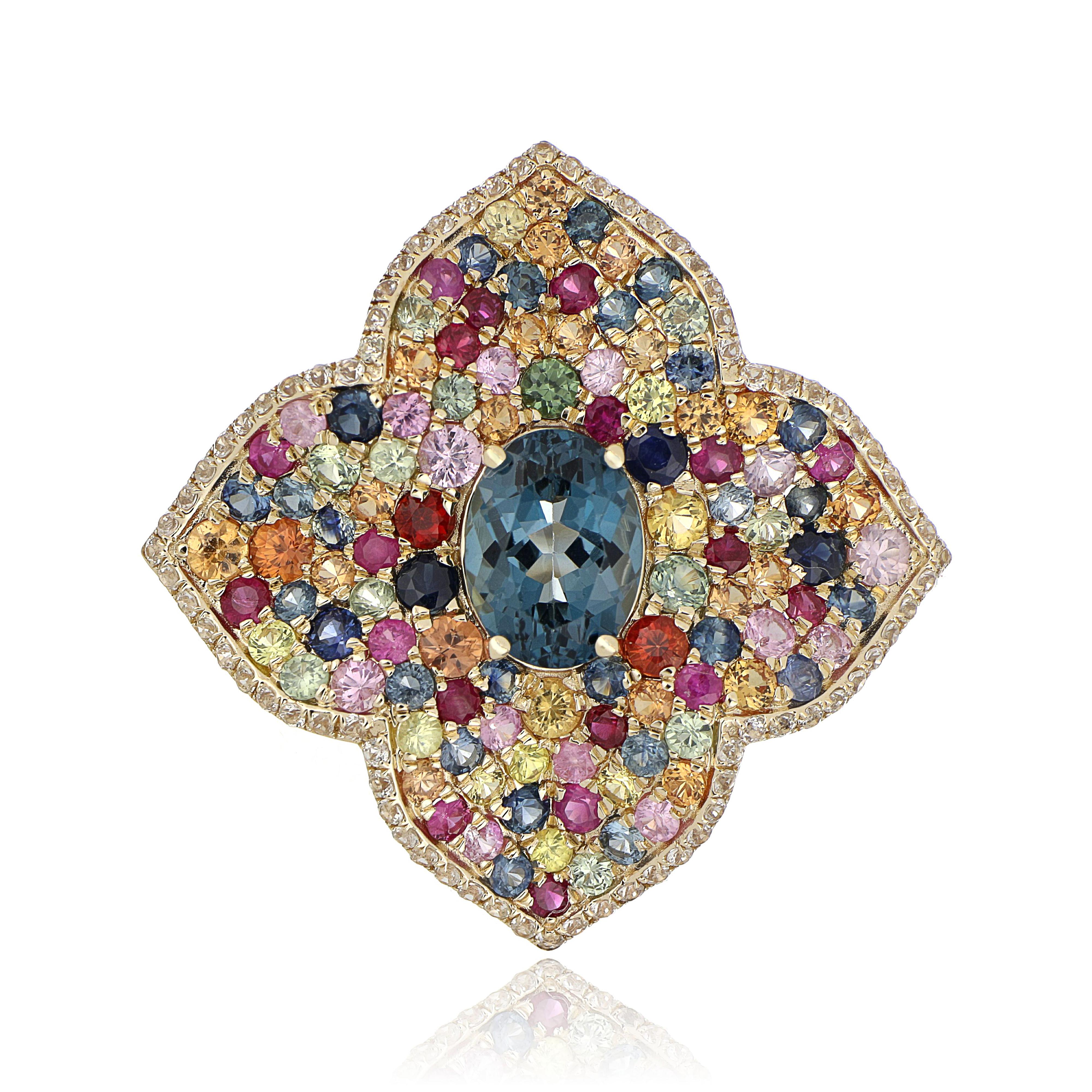 Anello con perno, ciondolo e orecchini in oro 10 carati, Topazio blu di Londra e Zaffiri multipli in vendita 7