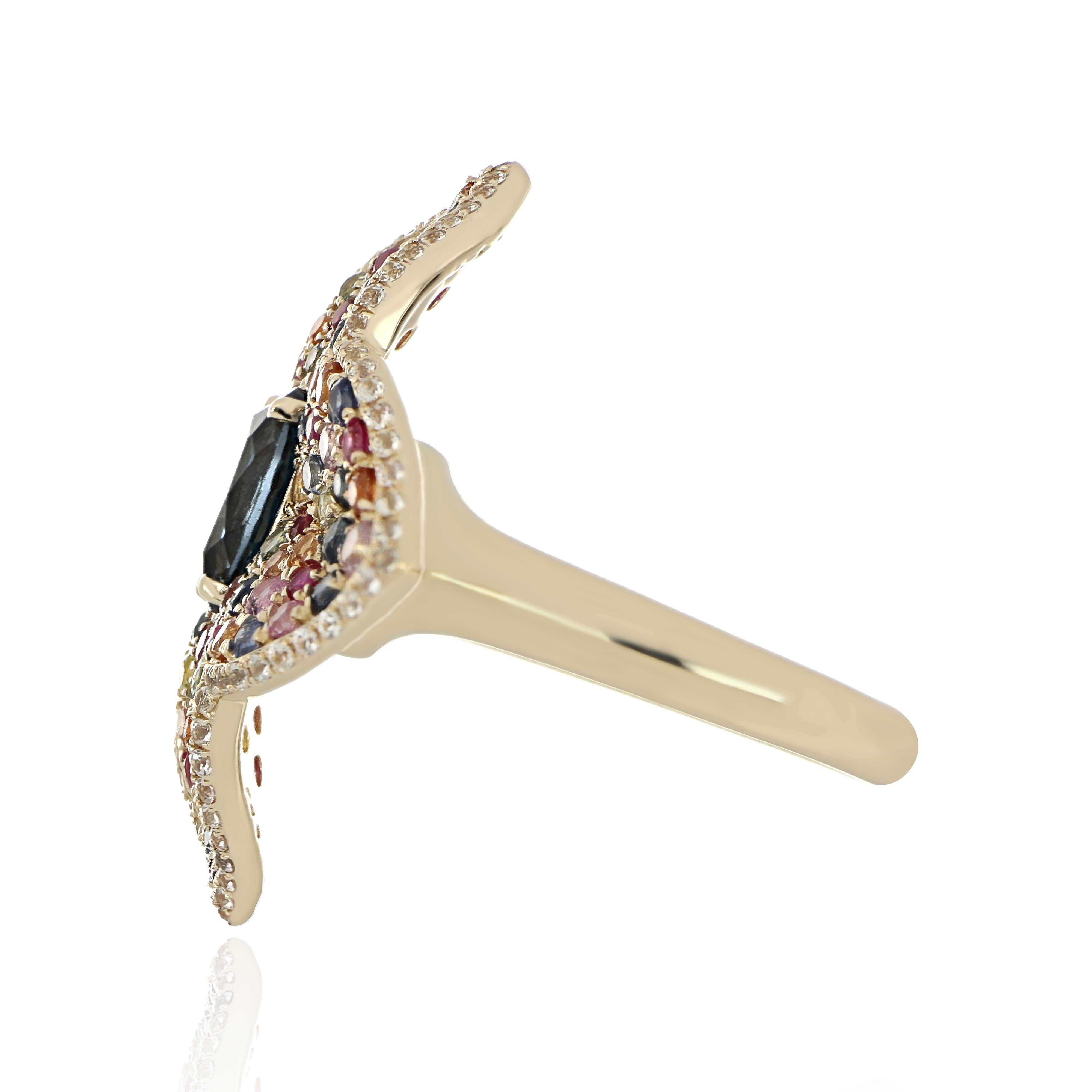 Anello con perno, ciondolo e orecchini in oro 10 carati, Topazio blu di Londra e Zaffiri multipli in vendita 11