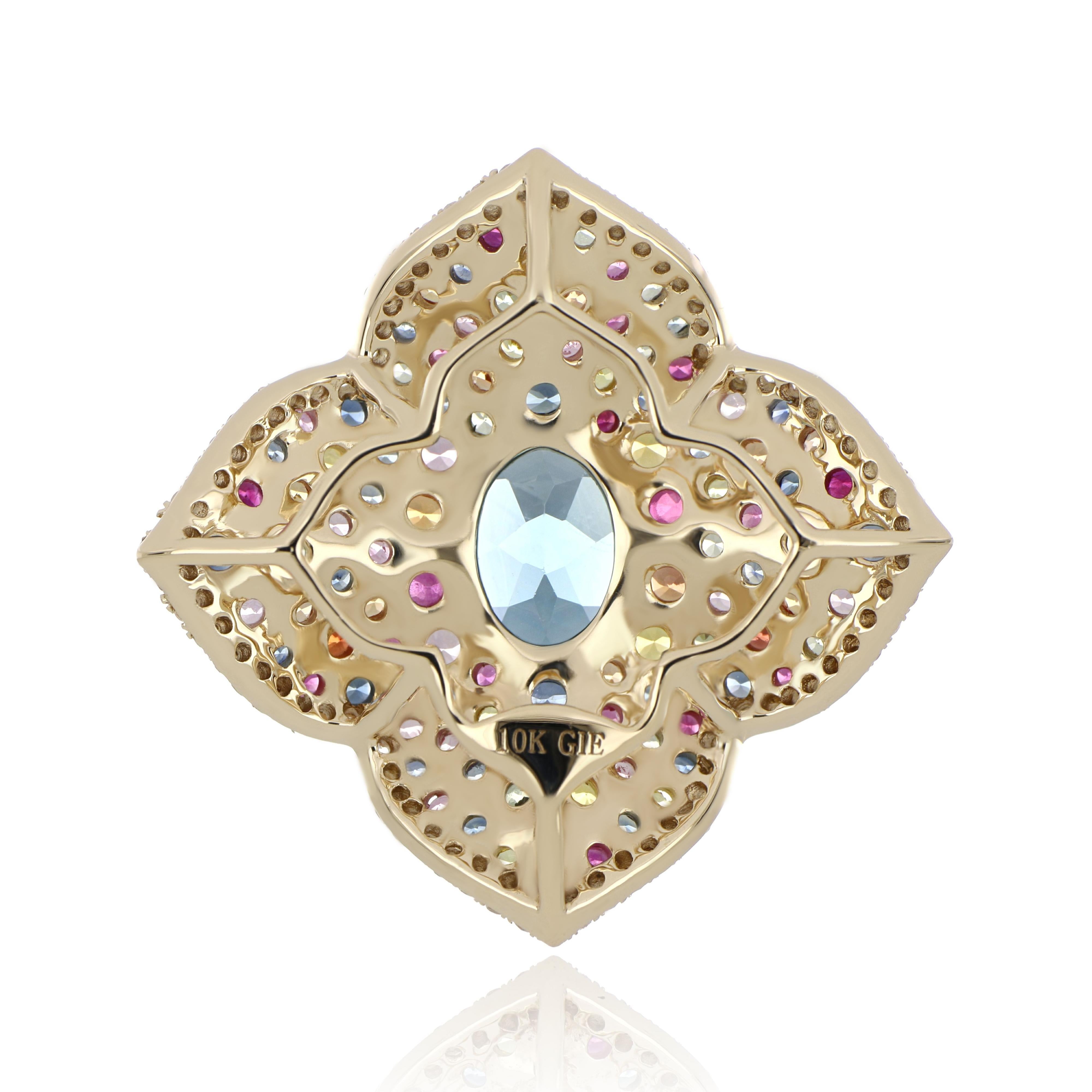Anello con perno, ciondolo e orecchini in oro 10 carati, Topazio blu di Londra e Zaffiri multipli in vendita 3