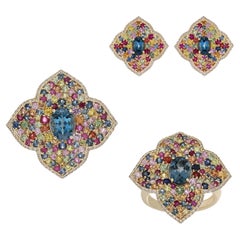 London Blue Topaz & Multi Sapphire Stud Ring, Pendant & Earrings Set in 10K Gold