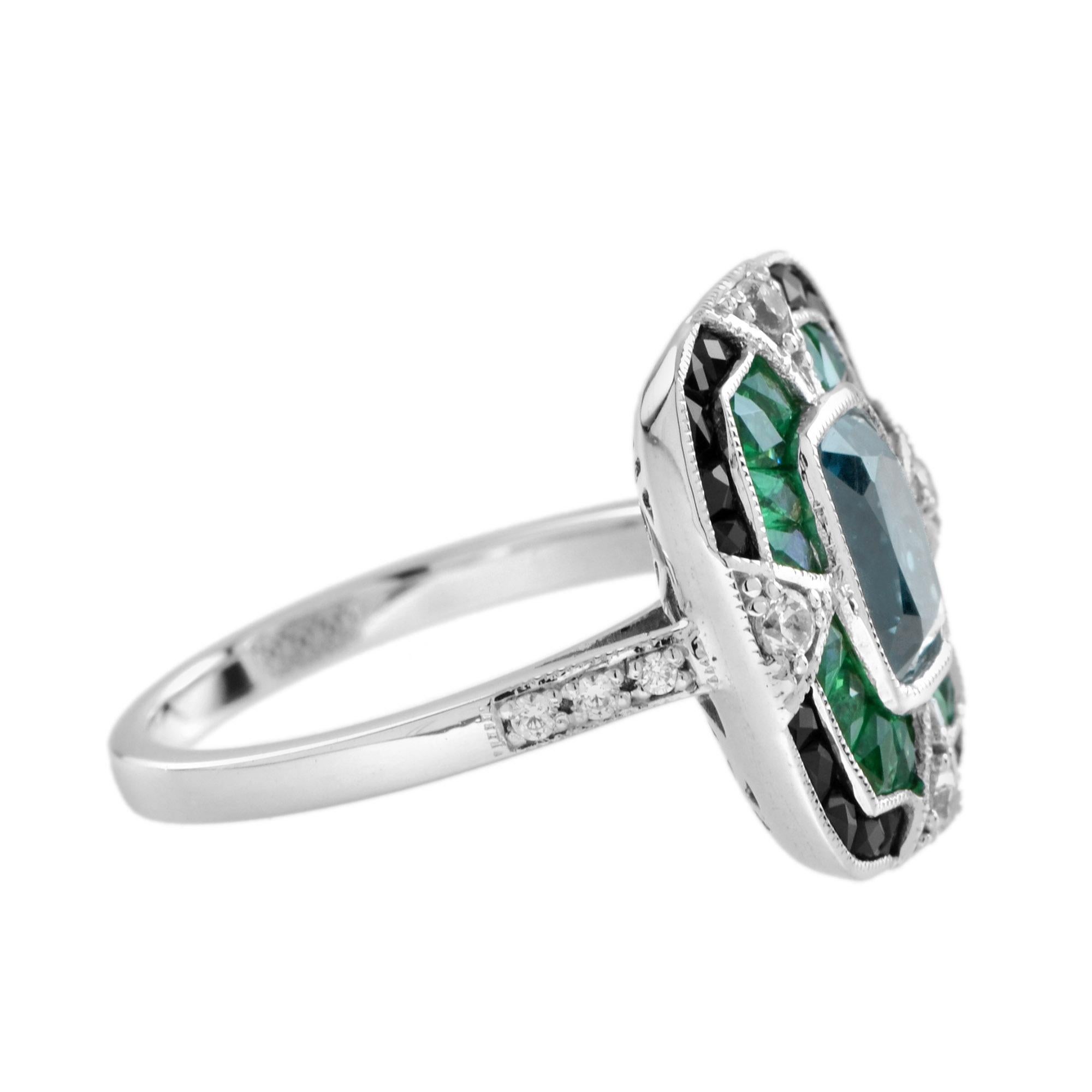 Edoardiano Anello in stile Art Deco con Topazio Blu di Londra, Onice, Diamante e Smeraldo in oro bianco 18 carati in vendita
