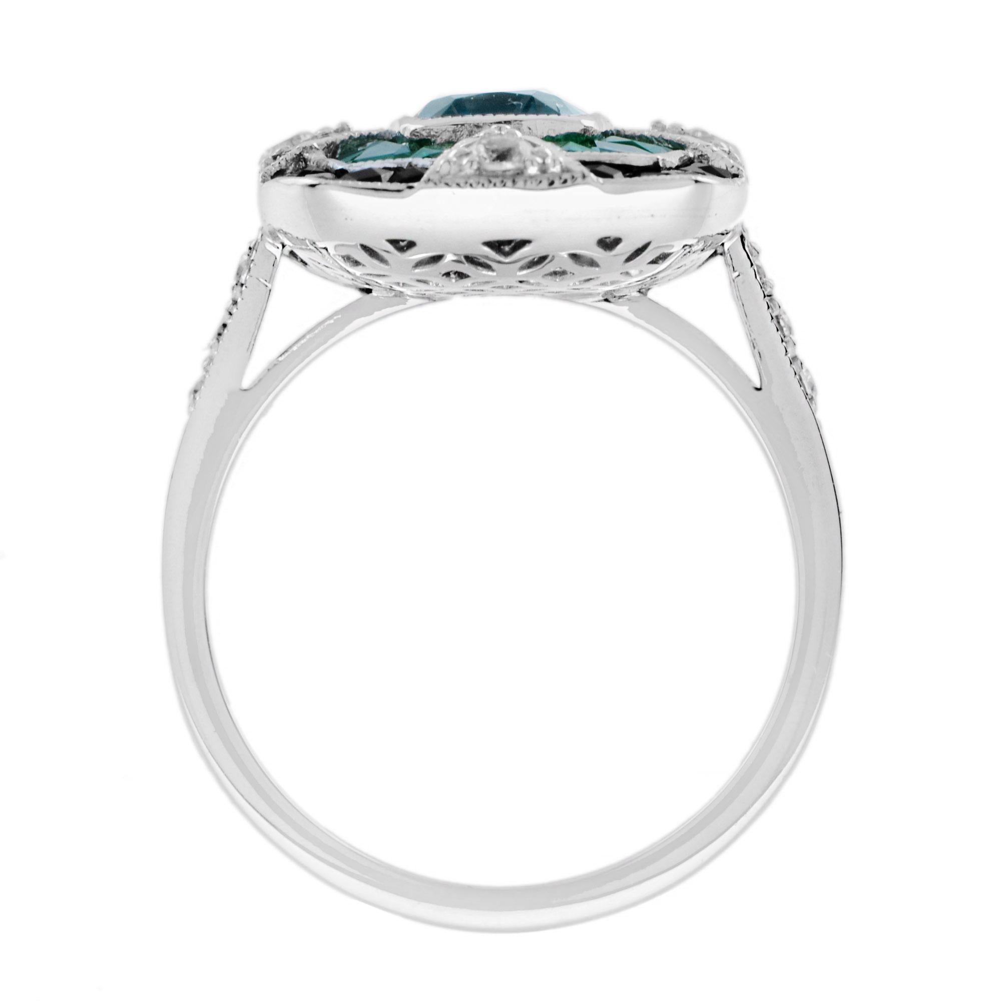 Anello in stile Art Deco con Topazio Blu di Londra, Onice, Diamante e Smeraldo in oro bianco 18 carati In condizioni Nuovo in vendita a Bangkok, TH