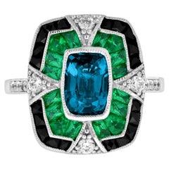 Londres Topacio Azul Ónice Esmeralda Diamante Anillo Estilo Art Decó en Oro Blanco de 18K