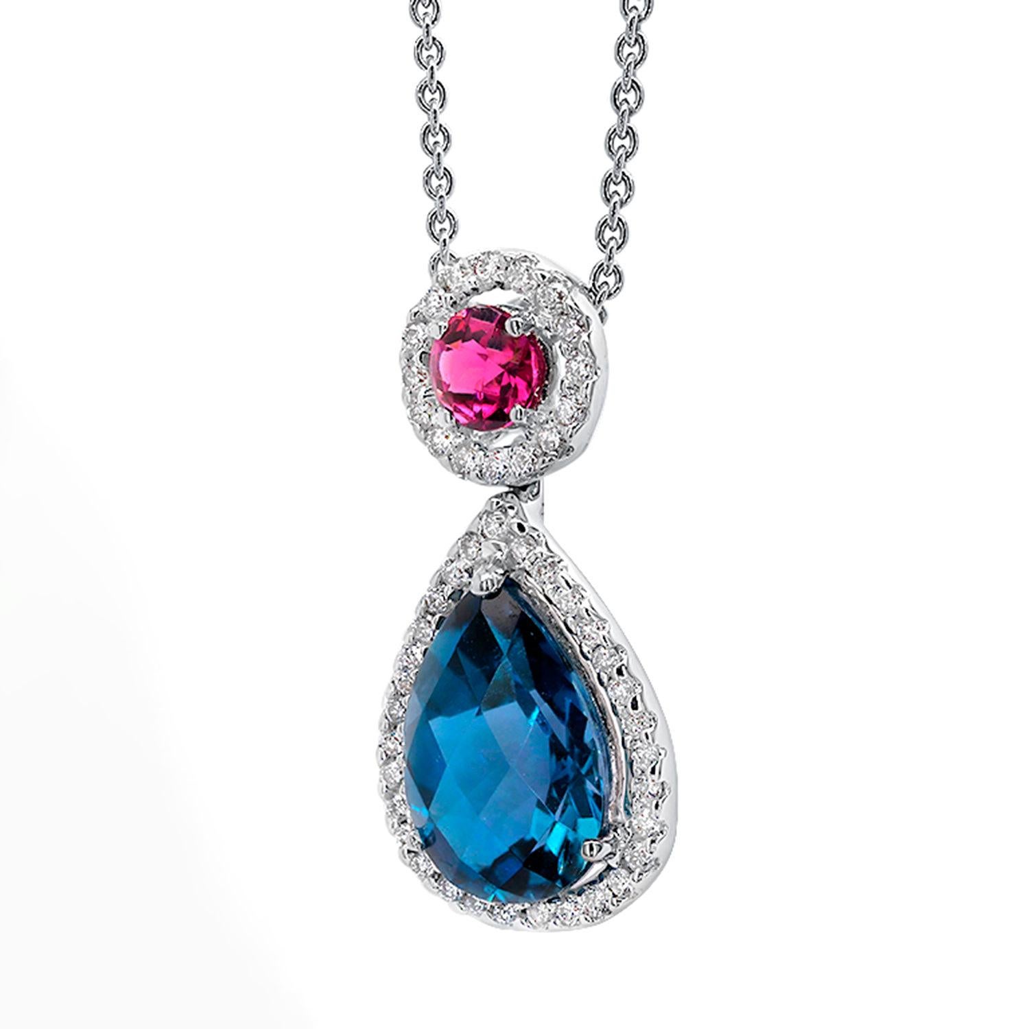 Pear Cut London Blue Topaz Pendant Necklace Rhodolite Diamonds 2.9 Carats 18K White Gold For Sale