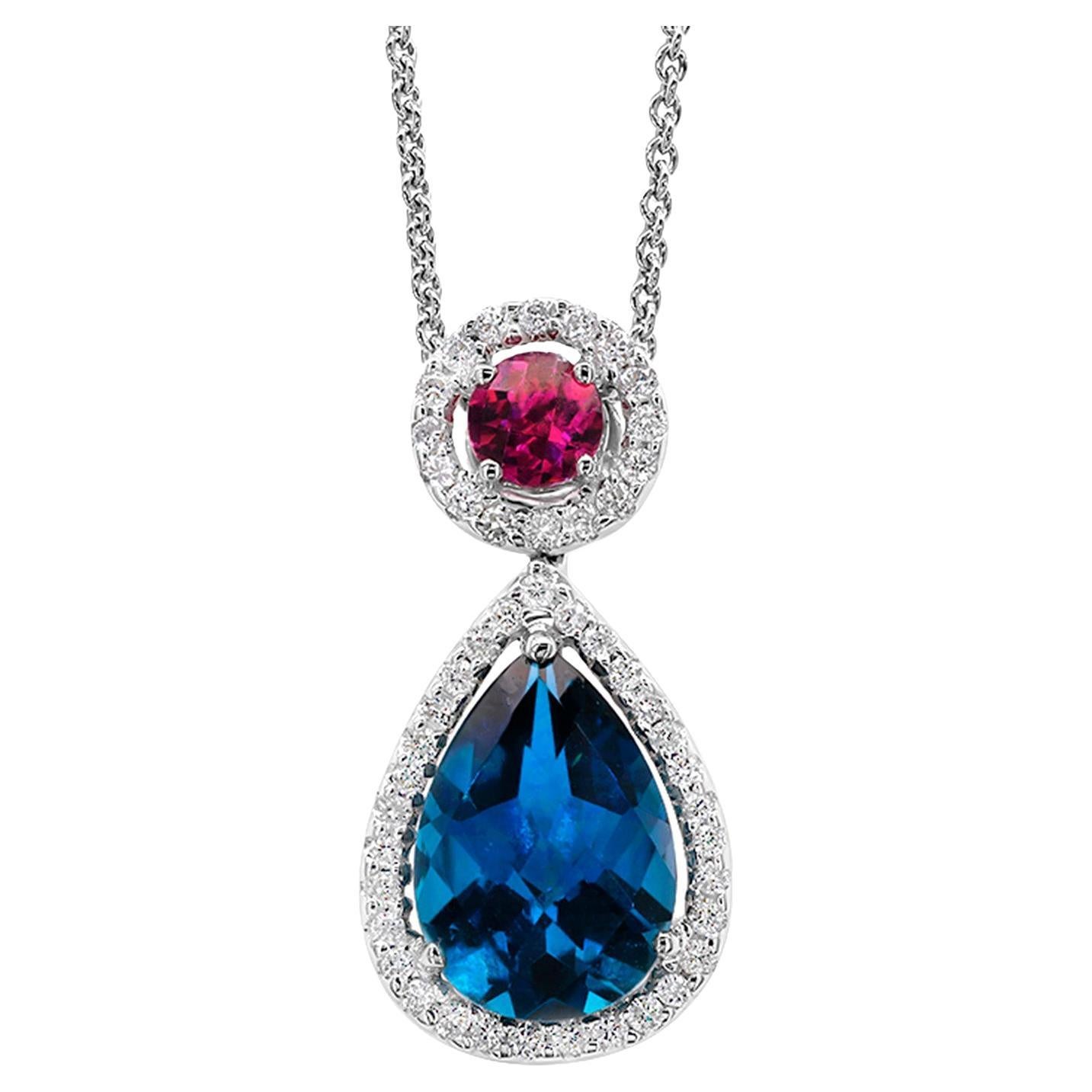 Collier pendentif London Blue Topaz Rhodolite Diamonds 2,9 carats or blanc 18 carats