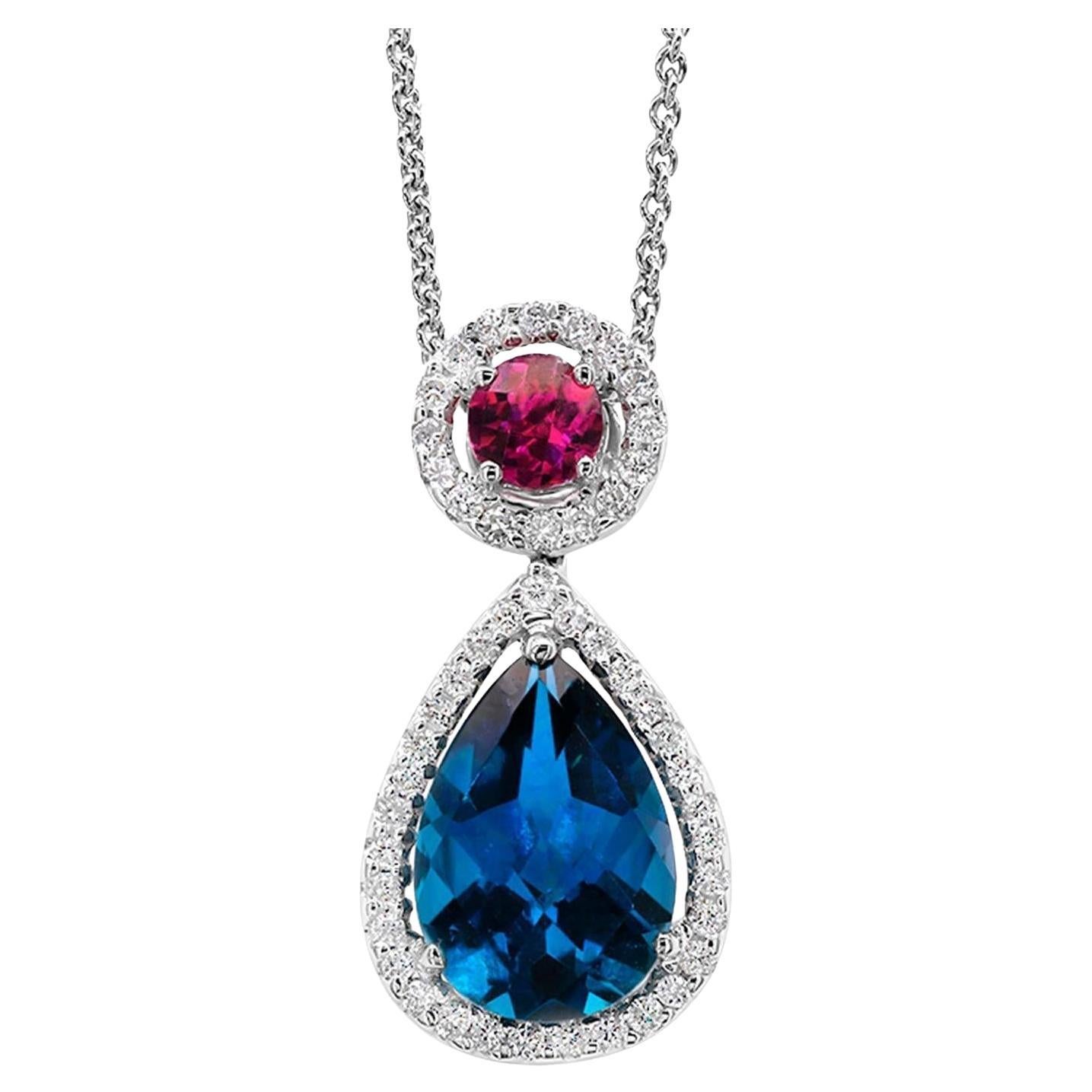 London Londoner Blauer Topas Anhänger Halskette Rhodolith Diamanten 2,9 Karat 18K Weißgold