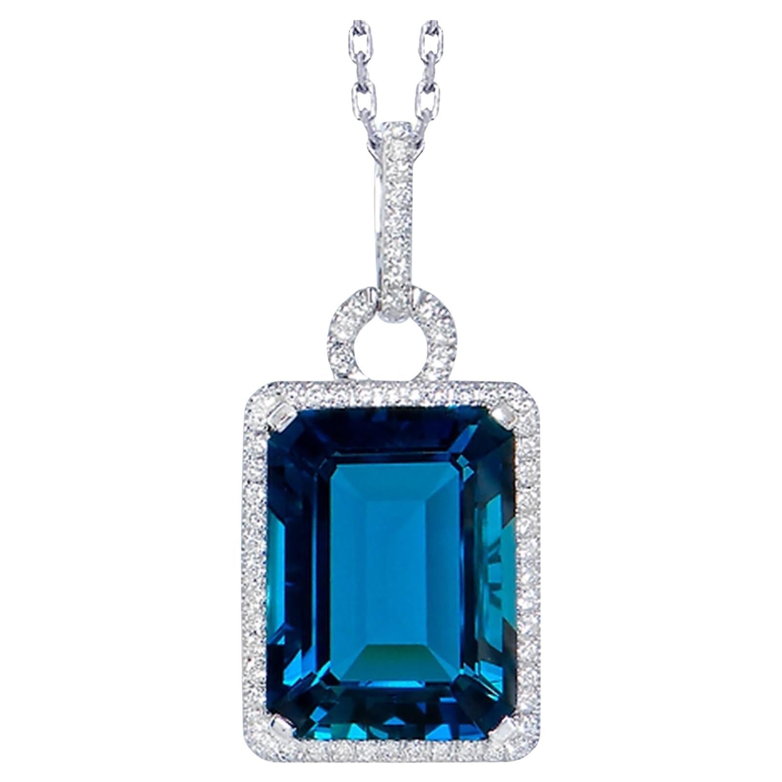 London Blue Topaz Pendant Necklace With Diamonds 14.47 Carats 18K White Gold For Sale