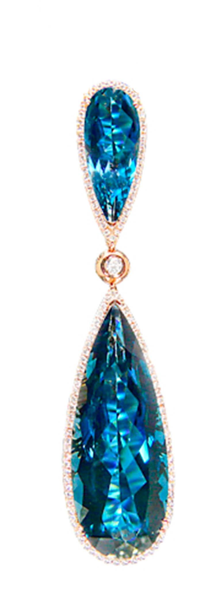 Taille poire Collier pendentif London Blue Topaz avec diamants 48,3 carats or rose 18 carats en vente