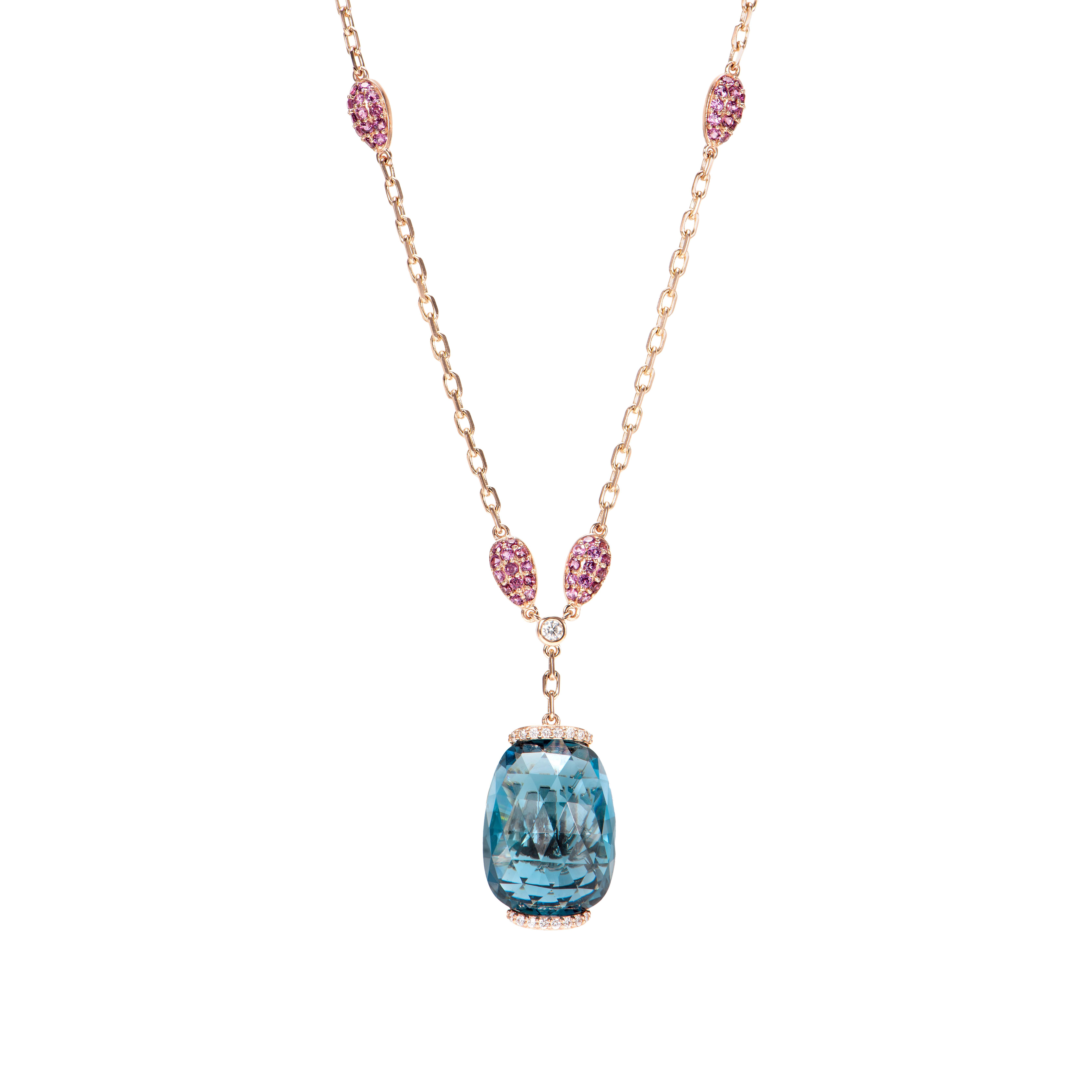 Contemporary London Blue Topaz Pendant with Rhodolite and White Diamond in 18 Karat Rose Gold For Sale
