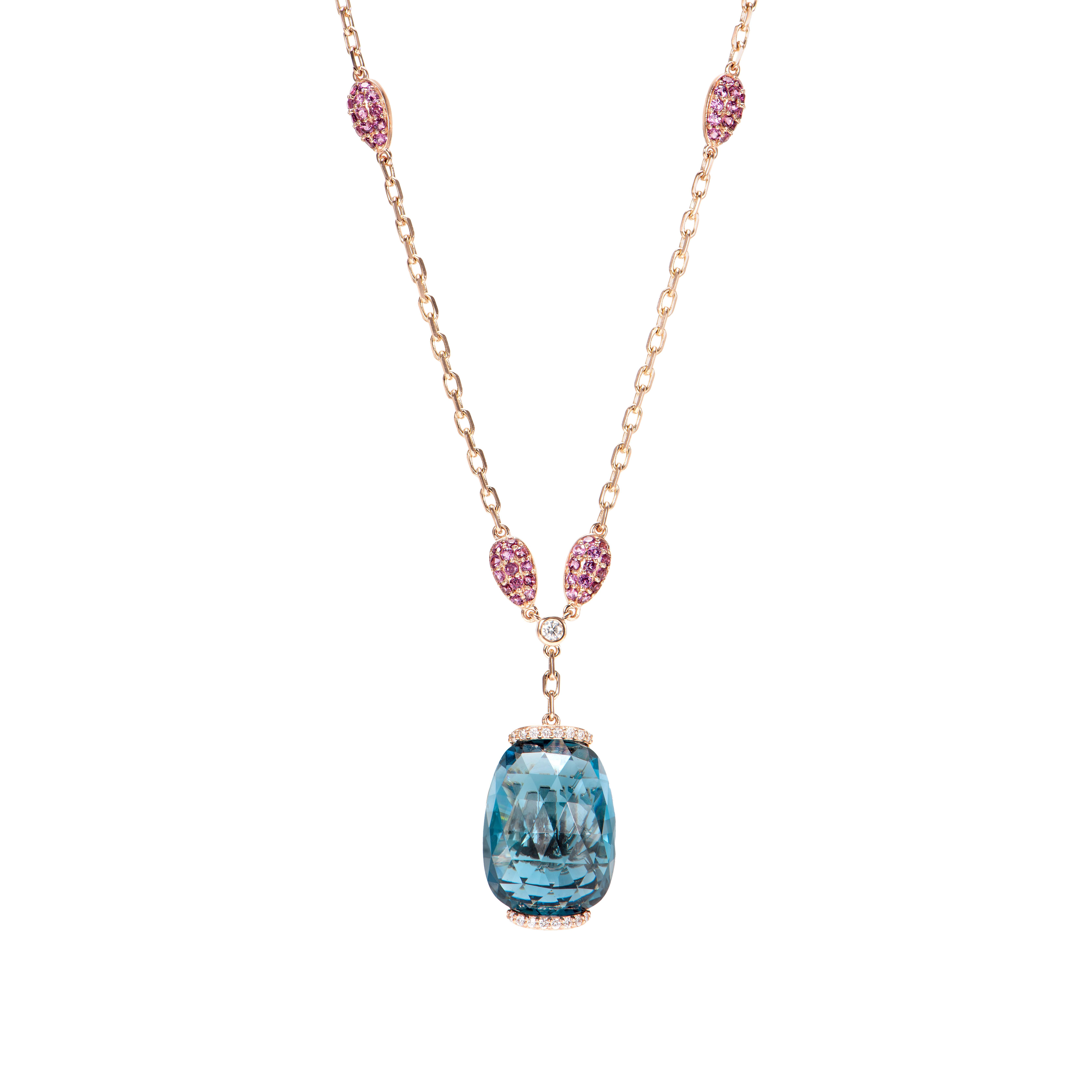 Contemporary Sunita Nahata Blue Topaz 23.28ct. Pendant with Rhodolite & Diamond in 18KRG. For Sale