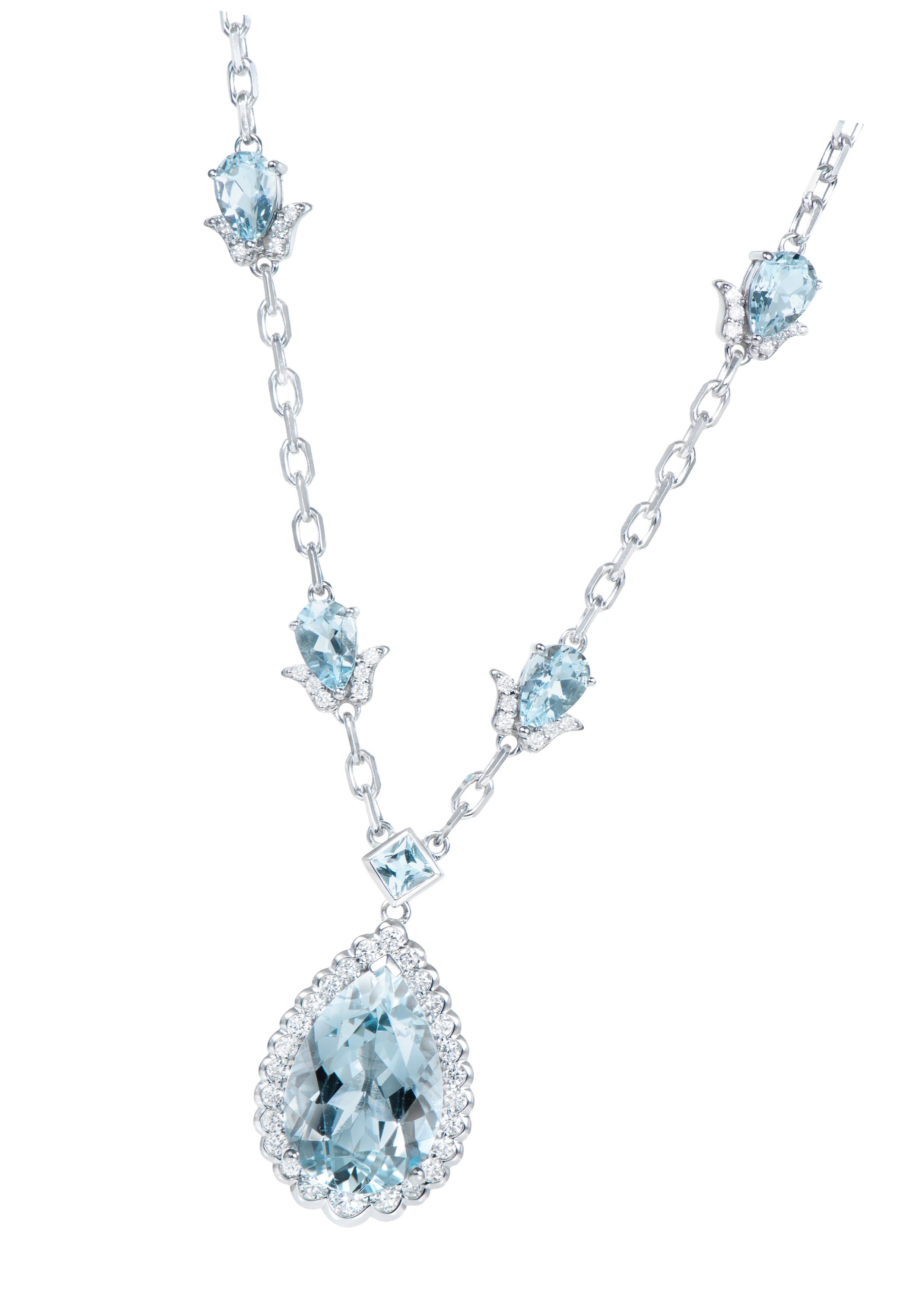 Contemporary Aquamarine Pendant with White Diamond in 18 Karat White Gold. For Sale