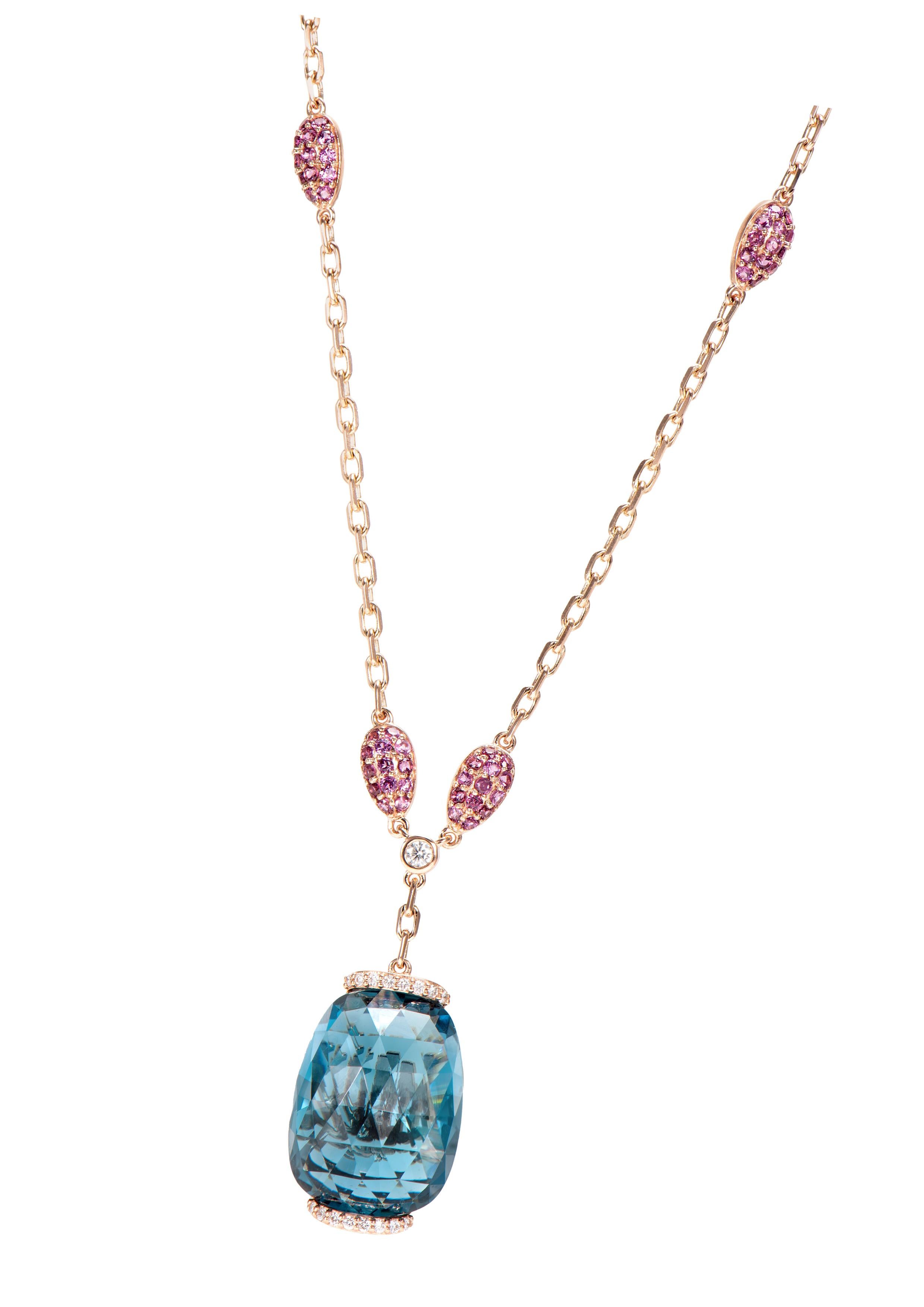 Cushion Cut London Blue Topaz Pendant with Rhodolite and White Diamond in 18 Karat Rose Gold For Sale