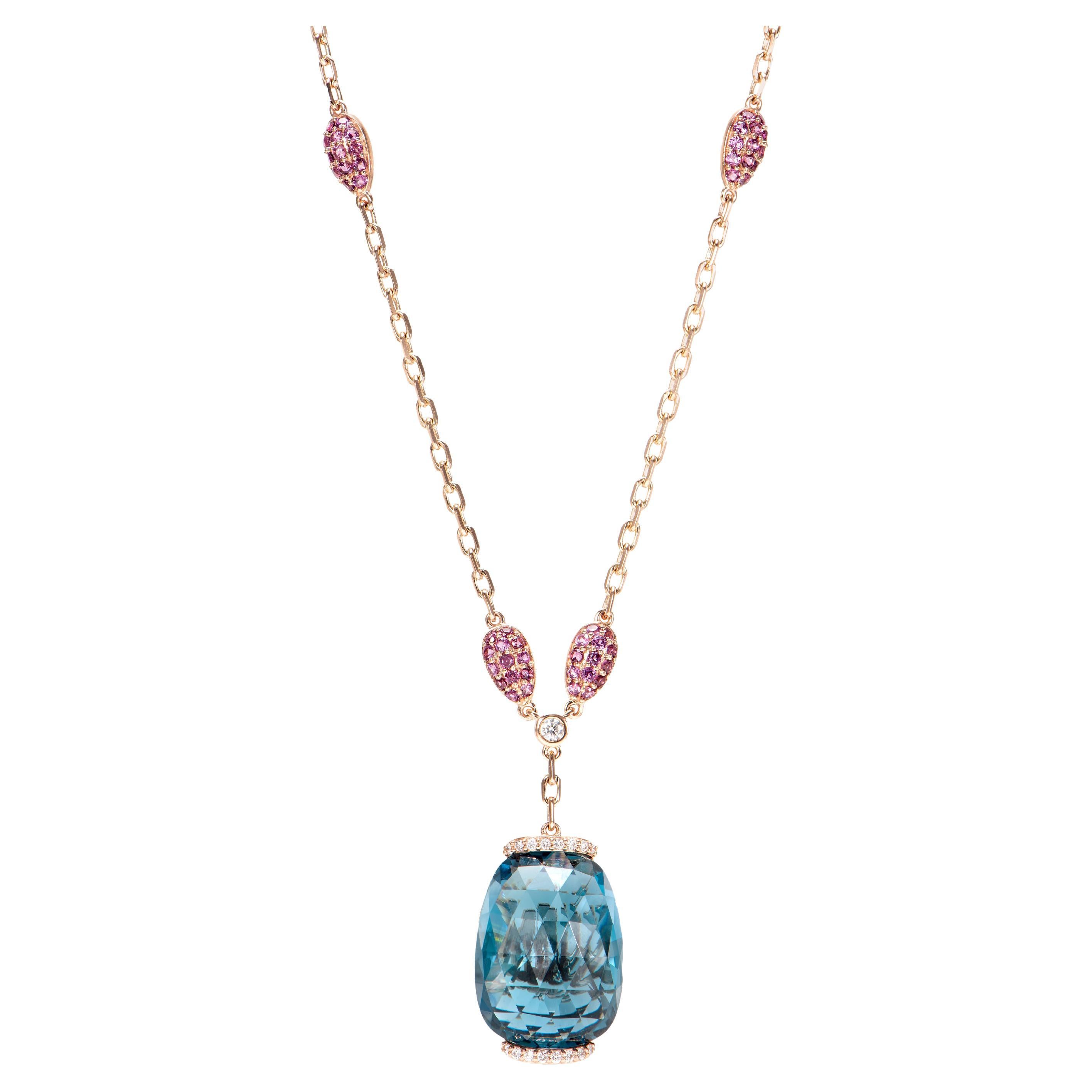 London Blue Topaz Pendant with Rhodolite and White Diamond in 18 Karat Rose Gold For Sale