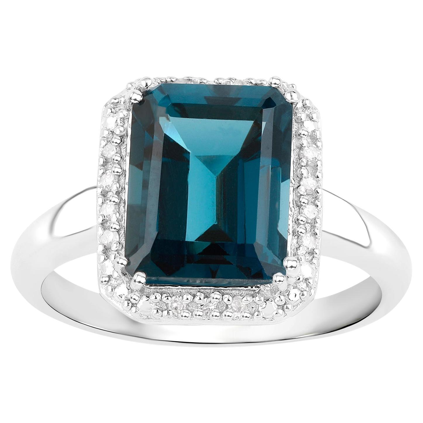 London Blue Topaz Ring Diamond Halo 3.89 Carats For Sale