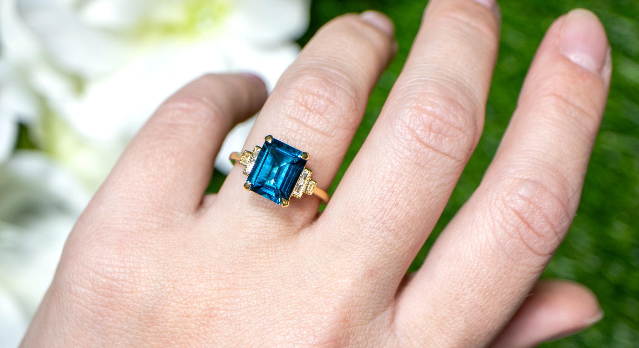 Octagon Cut London Blue Topaz Ring Diamond Setting 4 Carats 18K Yellow Gold For Sale