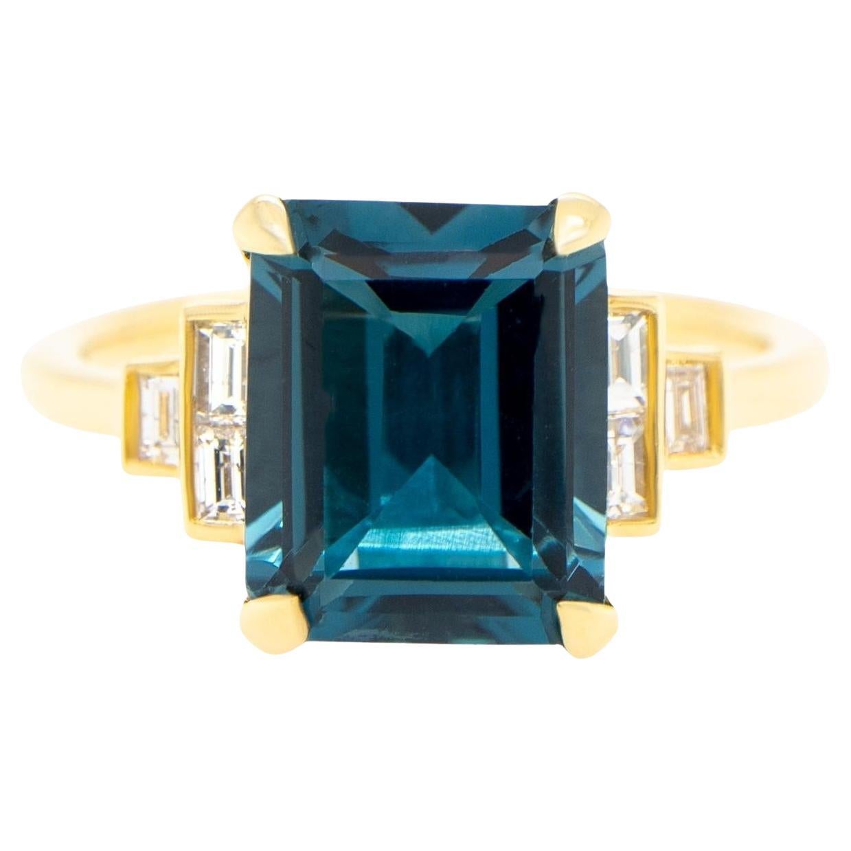 London Blue Topaz Ring Diamond Setting 4 Carats 18K Yellow Gold