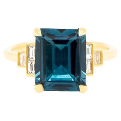 London Blue Topaz Ring Diamond Setting 4 Carats 18K Yellow Gold
