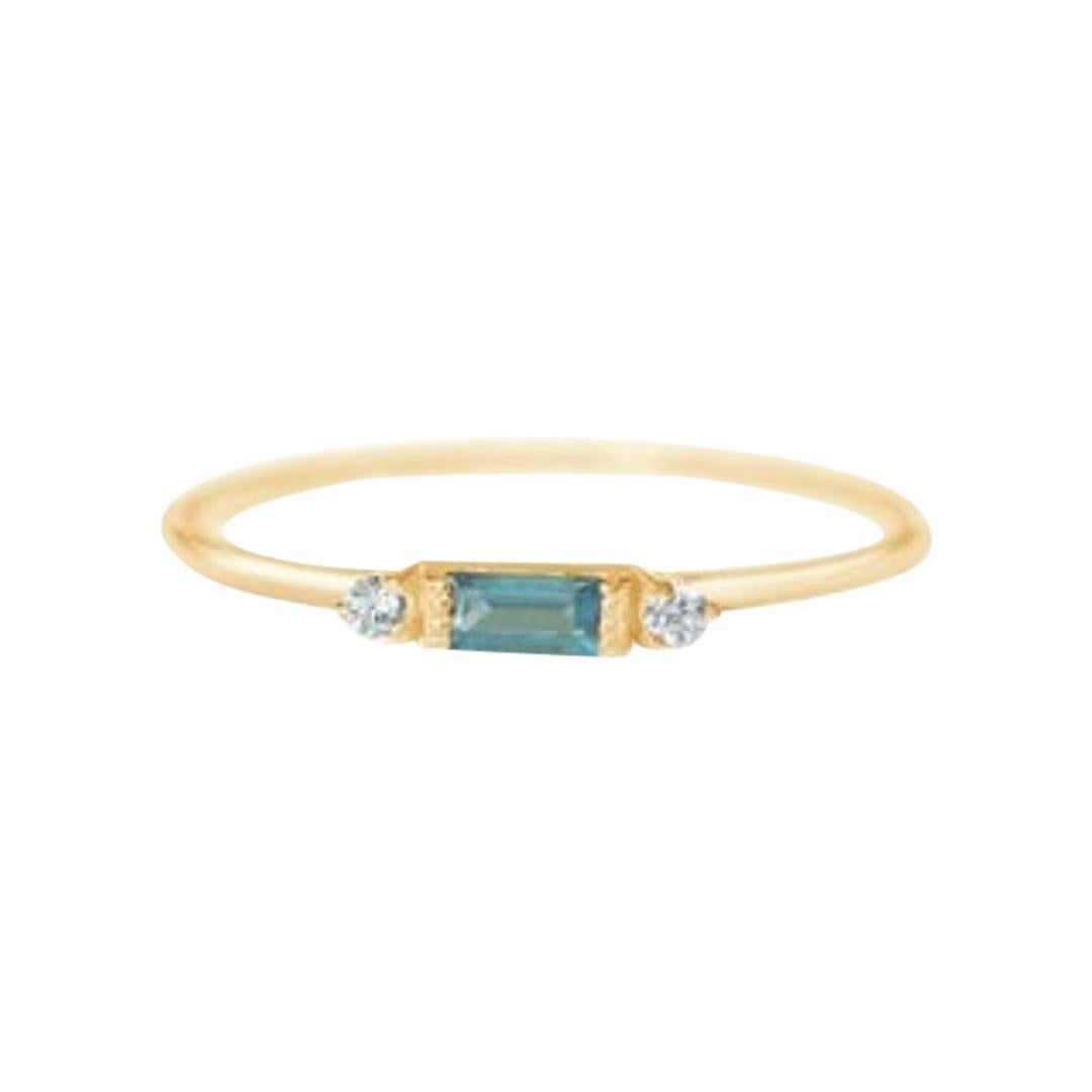 London Blue Topaz Ring, Elegant 18 Karat Gold Ring, Tiny Ring, Baguette Ring For Sale