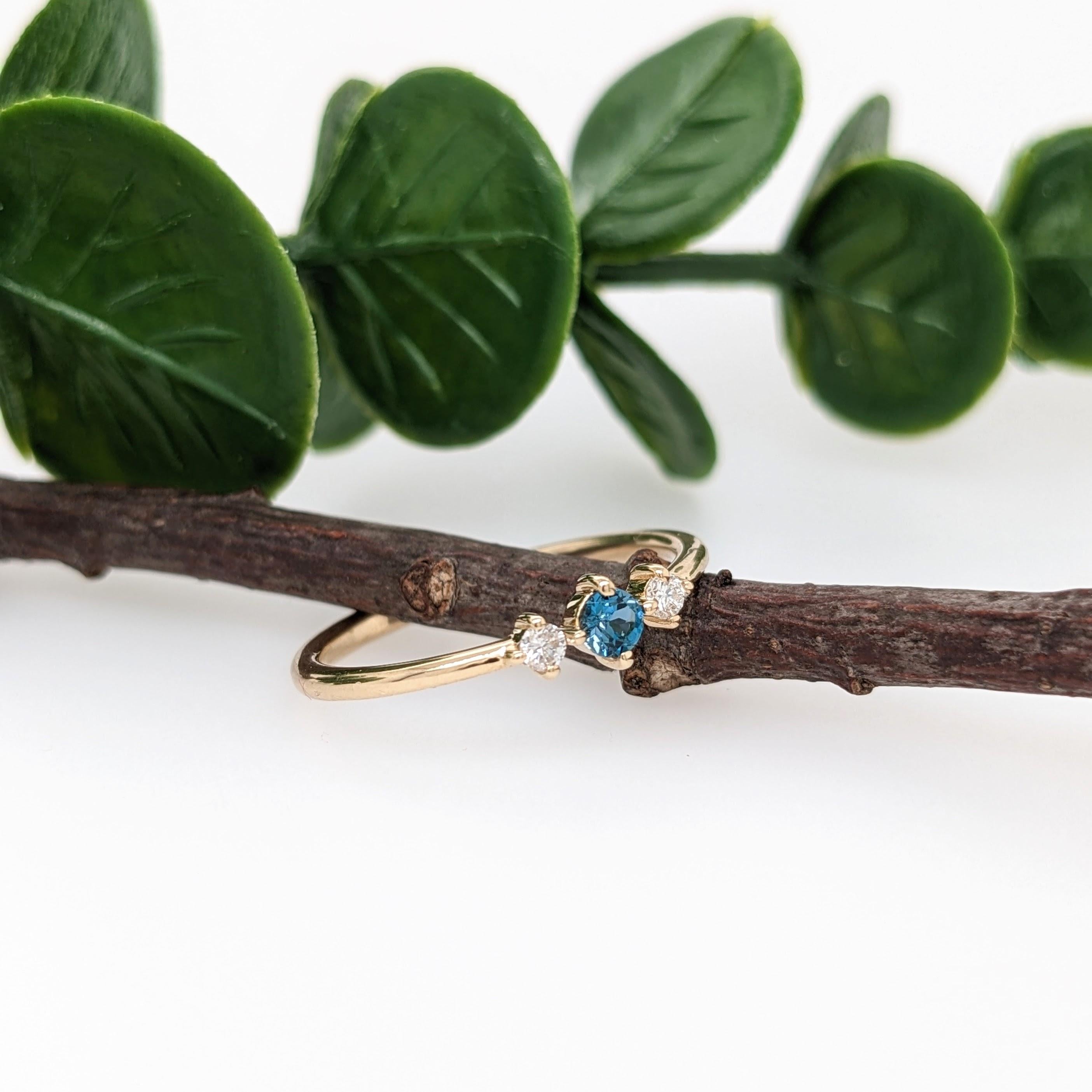 Women's London Blue Topaz Ring w Diamond Accents in Solid 14K Yellow Gold Round 3mm For Sale